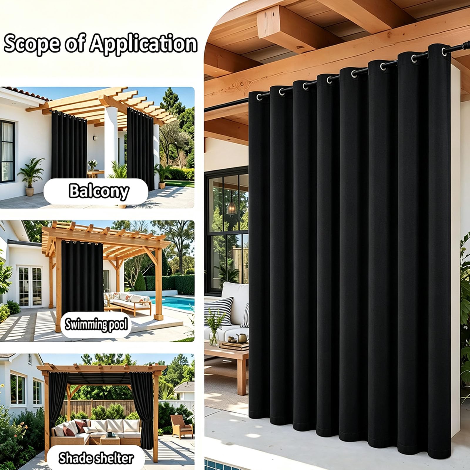 Outdoor Vorhang 132 x 245 cm Wetterfest Wasserdicht Sichtschutz Sonnenschutz Gardinen Garten Winddicht Outdoor-Vorhang Wetterfest für Garten Balkon, Schwarz