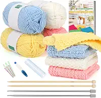 Aeelike Kit de tricô para iniciantes, kit completo de tricô para iniciantes, conjunto fácil de tricô, incluindo conjunto de agulhas de tricô, fio de algodão, aprenda a tricotar pano de prato com
