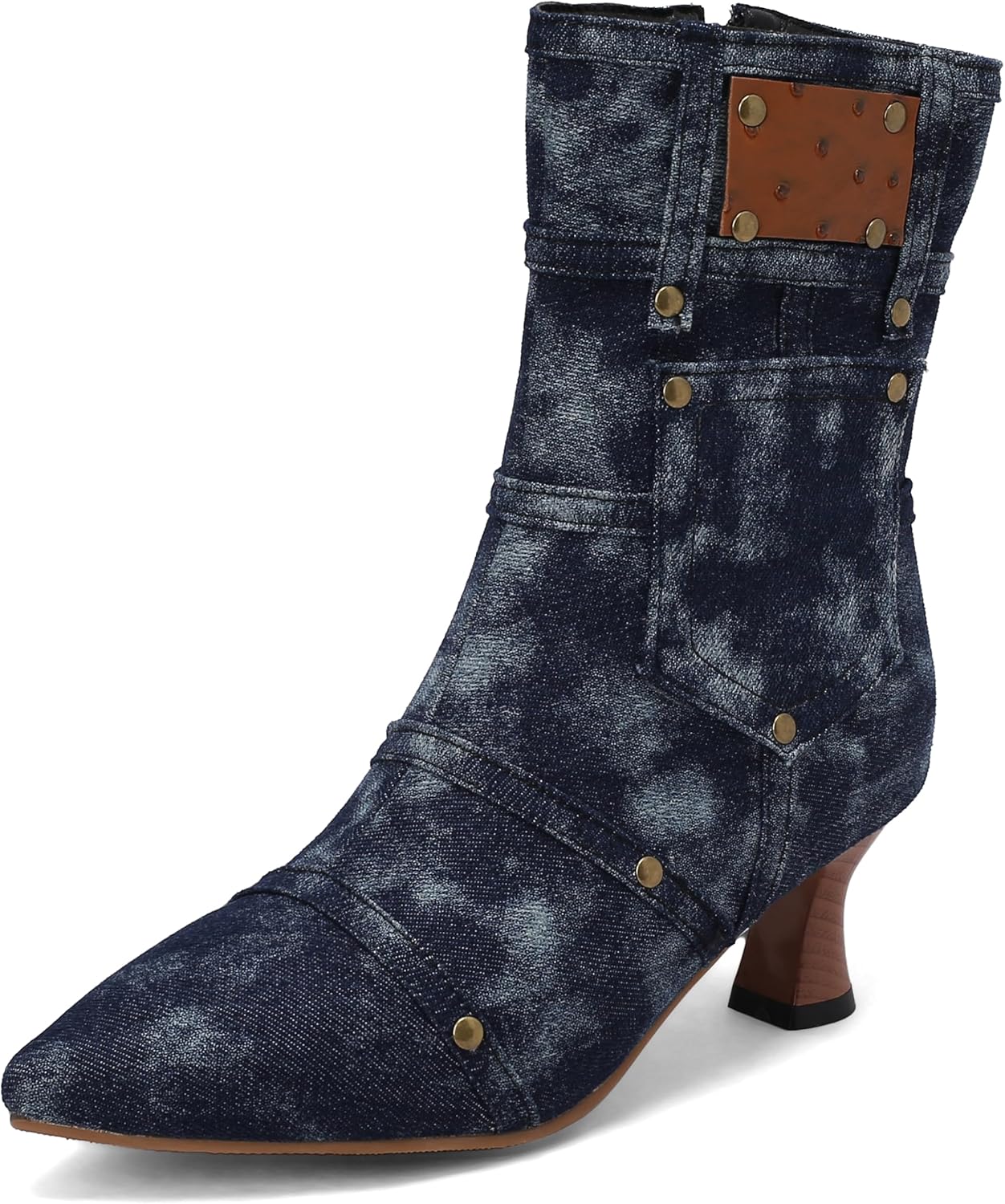 BEAUPAS Women's Denim Kitten Heel Boots Pointed Toe Low Heel Ankle Boots Chunky Vintage Zip Shoes