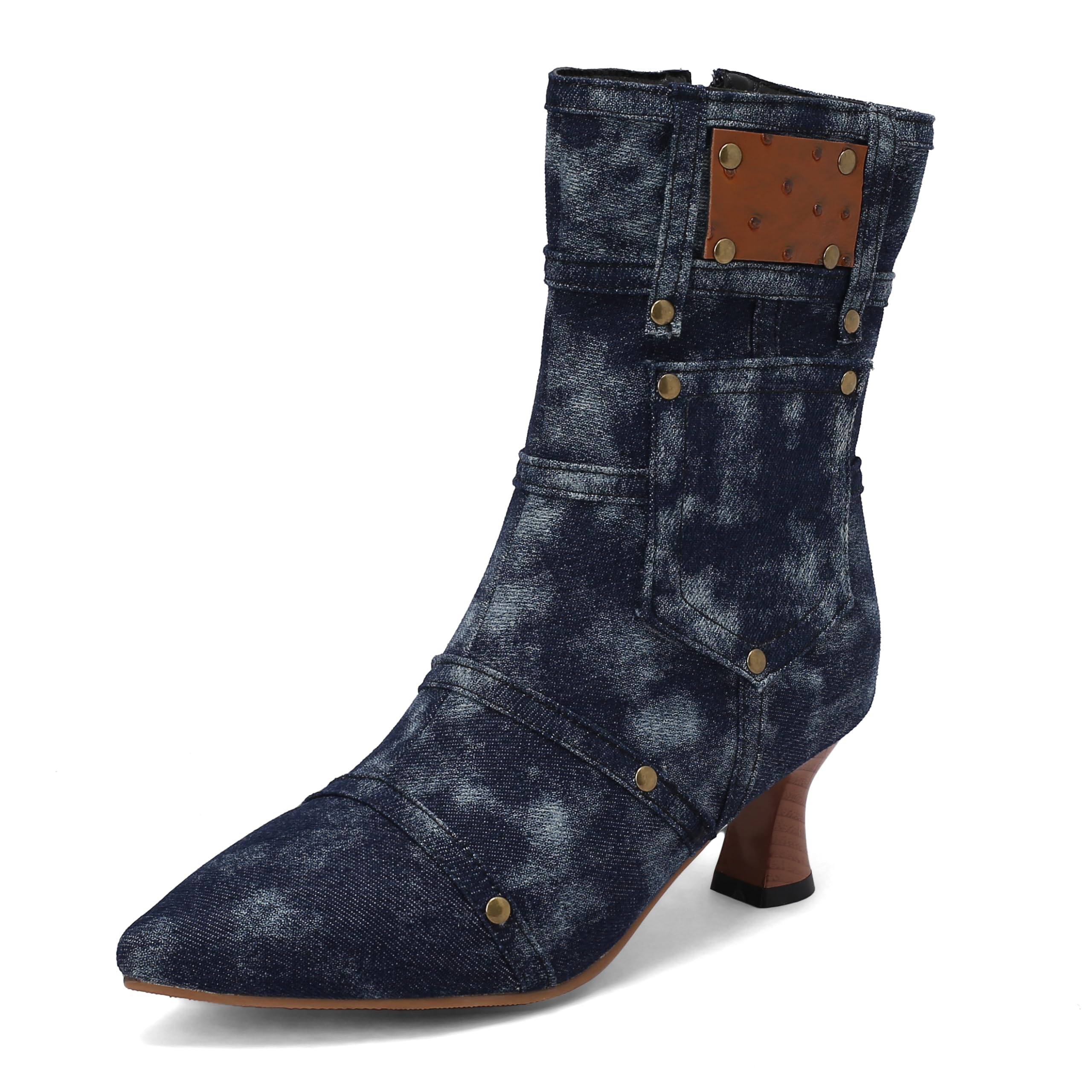 BEAUPAS Womens Denim Kitten Heel Boots Pointed Toe Low Heel Ankle Boots Chunky Vintage Zip Shoes
