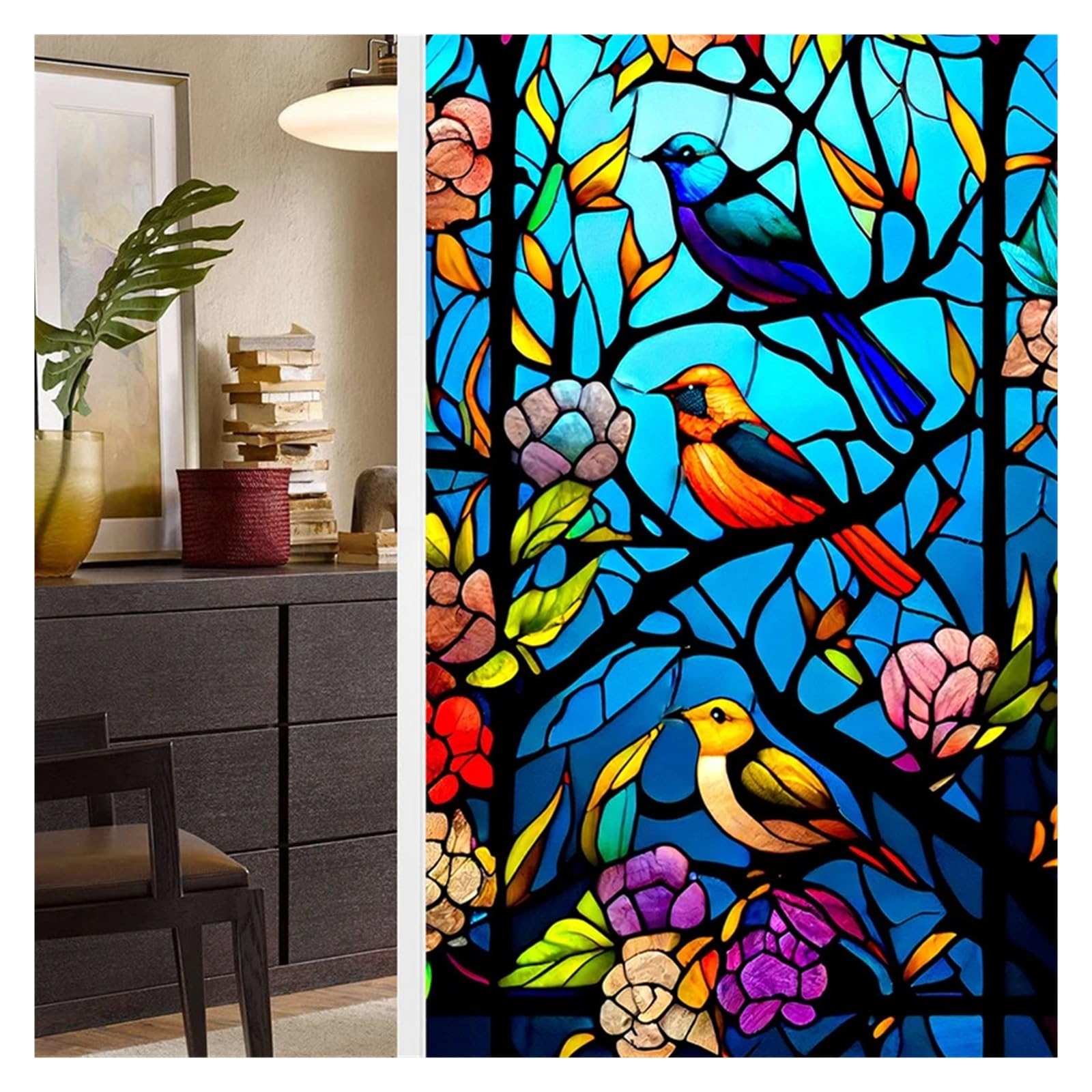 Mdsiokhj Color-20 Stained Glass Window Film Colorful Retro Flower Bird Pvc Electrostatic Glass Stickers Stained Static Cling Frosted Film(Color-20)