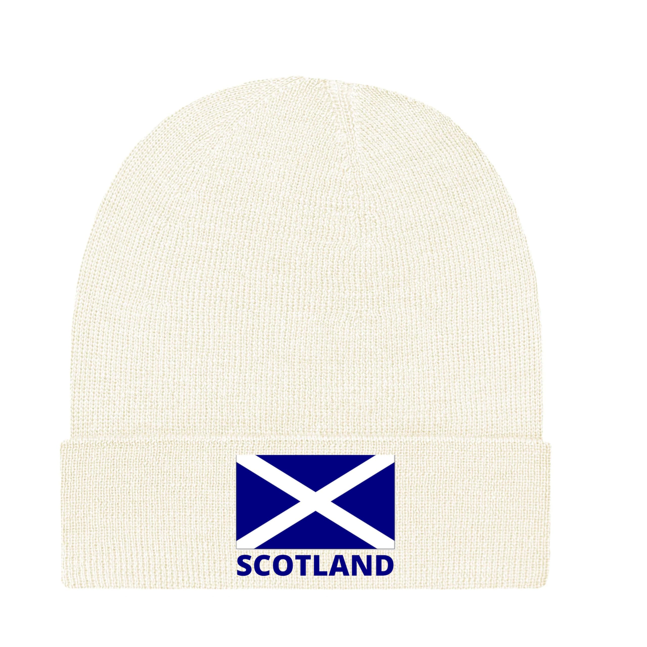 Fidra Scotland White Beanie Hat with Embroidered Saltire Flag, Winter Knit Cap
