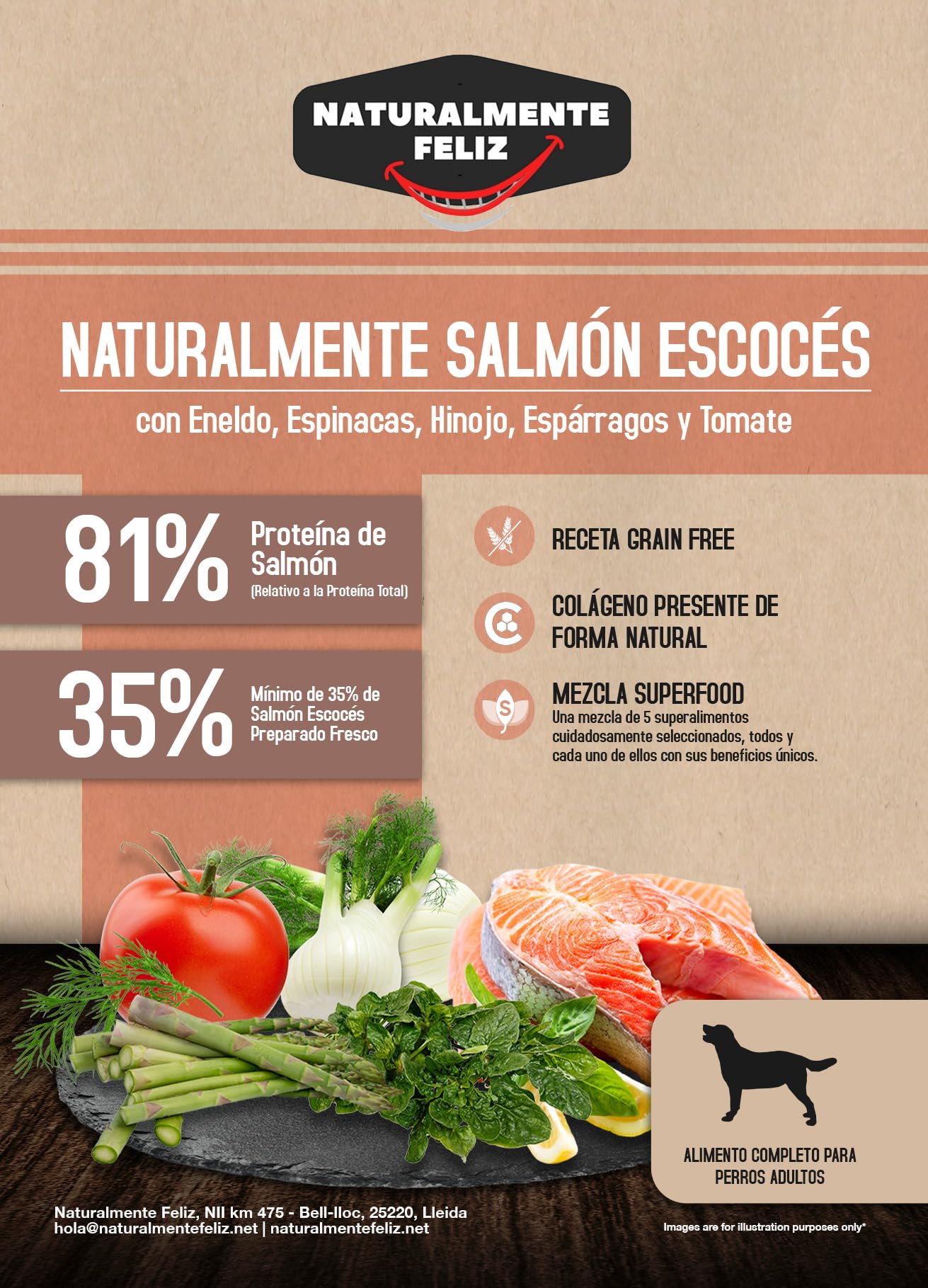 Pienso Seco Naturalmente Feliz con Ingredientes Frescos y Super Alimentos, 100% Natural Raza Mediano/Grande 6kg (Salmón Escocés)