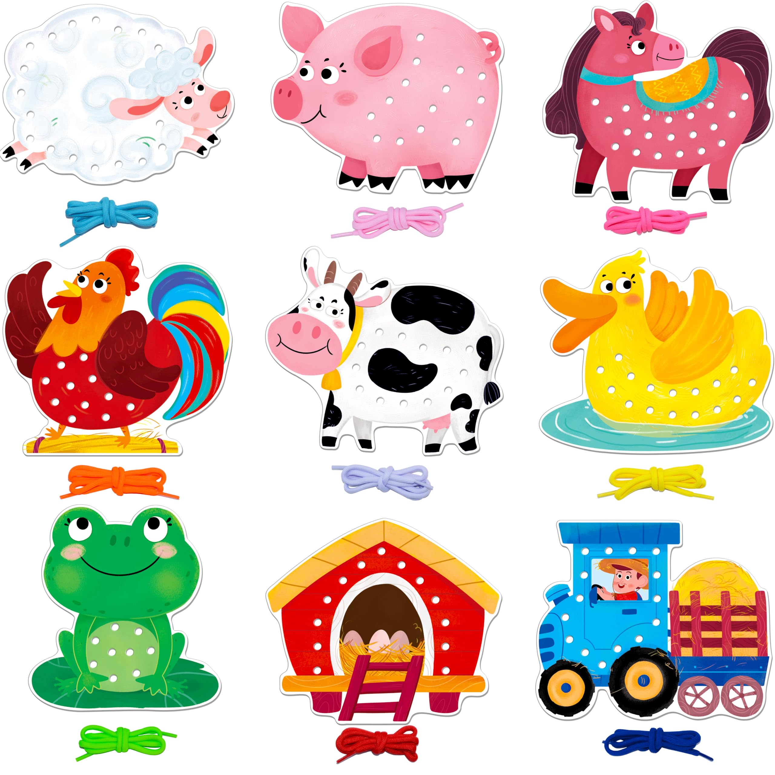 9 PCS Farm Theme Lacing Cards, 9 Double Sided Sewing Cards with 9 Colorful Laces, Imagination Development Lacing Toys Educational and Learning Activity for Preschoolers, Kids