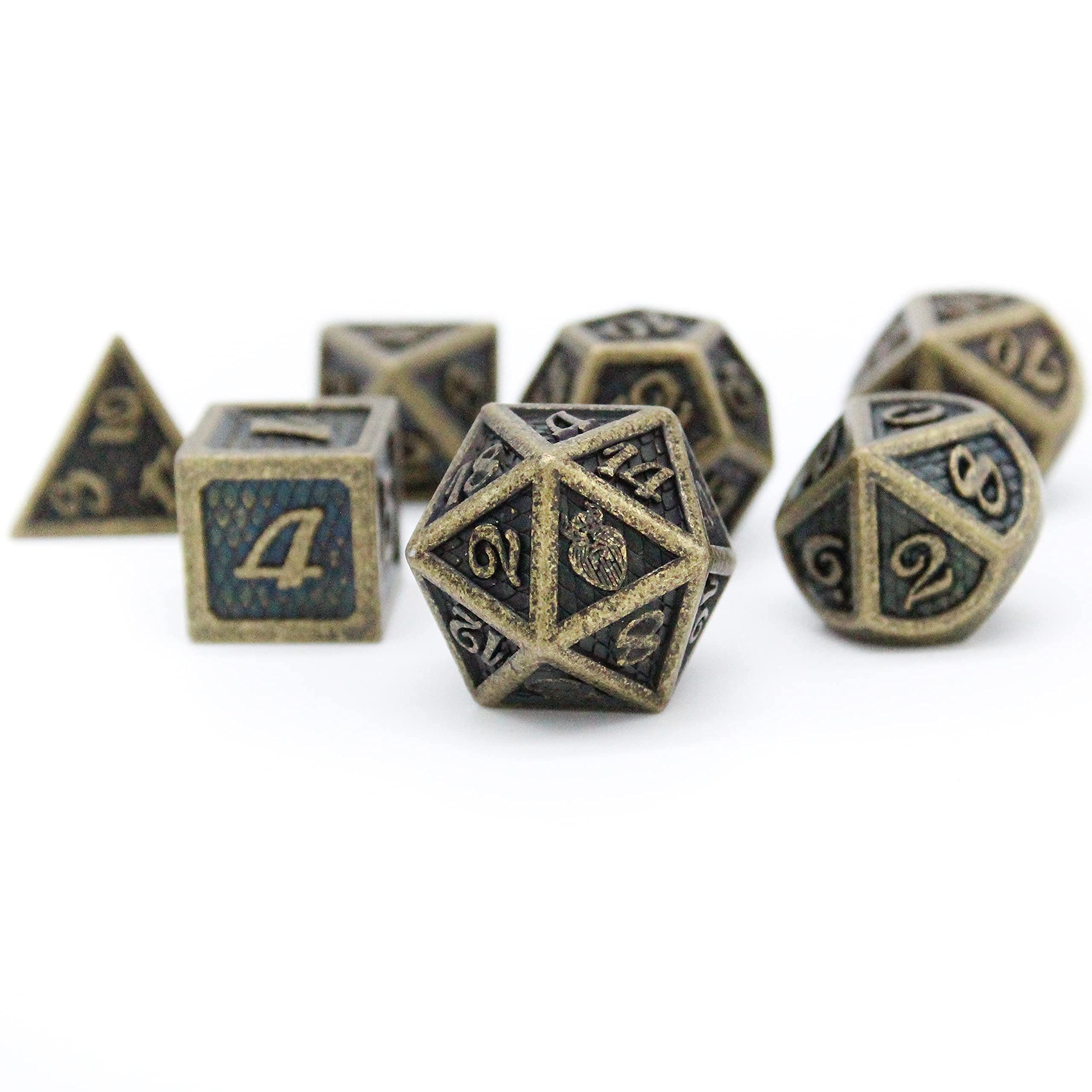 HEIMDALLR Metal D&D Dice Set - Dragonhide Design, 7-Piece RPG Dice With Metal Tin (Jormungandr Series)