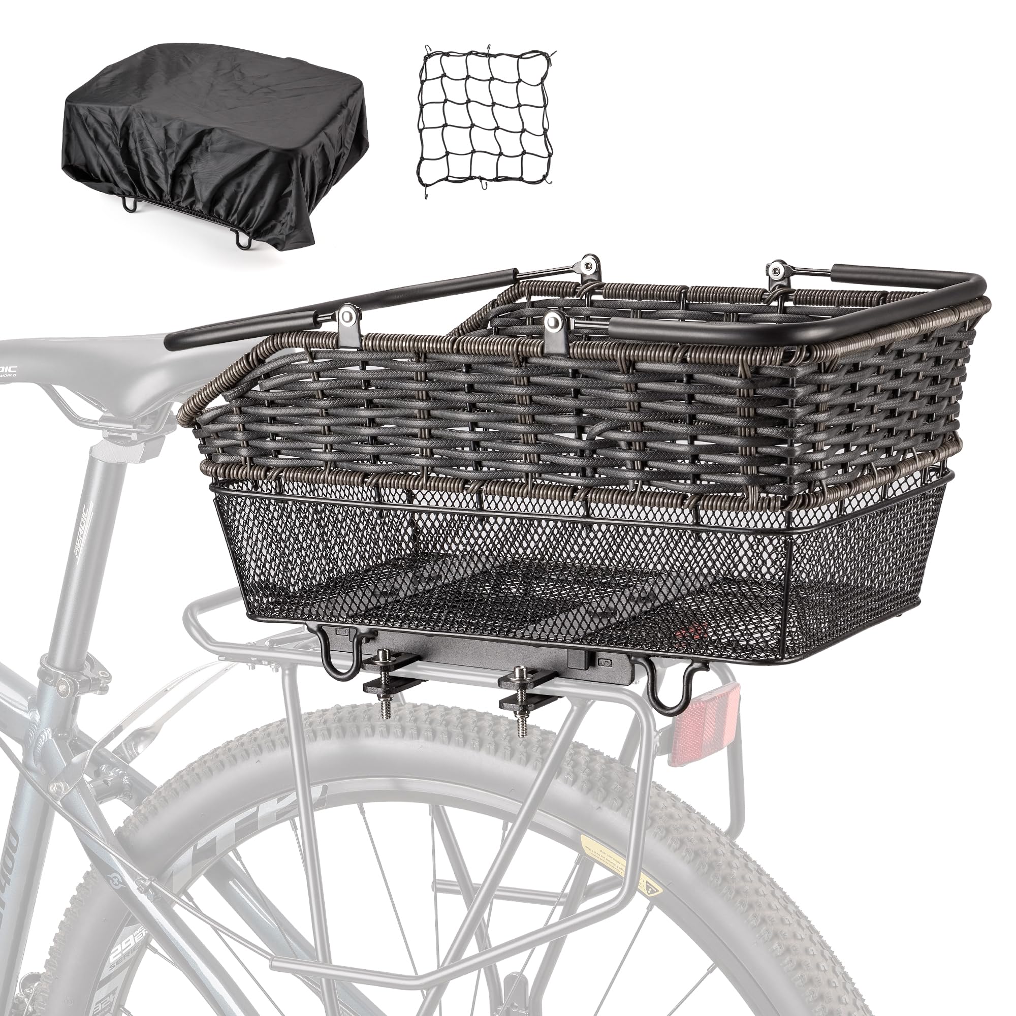 CXWXC Panier arrière de vélo avec poignée – Panier arrière de vélo à dégagement rapide avec filet de chargement et housse imperméable, paniers arrière en fil métallique de grande capacité