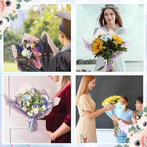 Miniatura 4 de Qilery 243 piezas de papel de regalo para ramo de flores, impermeable, suministros de floristería con decoración de mariposas, coronas, cintas,