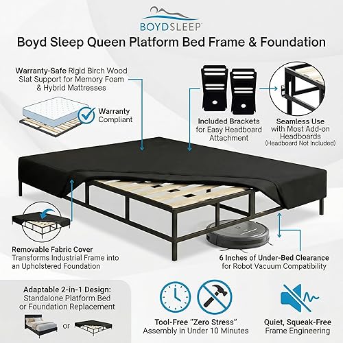 Miniatura 2 de Boyd Sleep Base de cama de metal 2 en 1 tamaño Queen Omni Base, fácil montaje, patas extraíbles, soporte resistente, soportes de cabecera incluidos,
