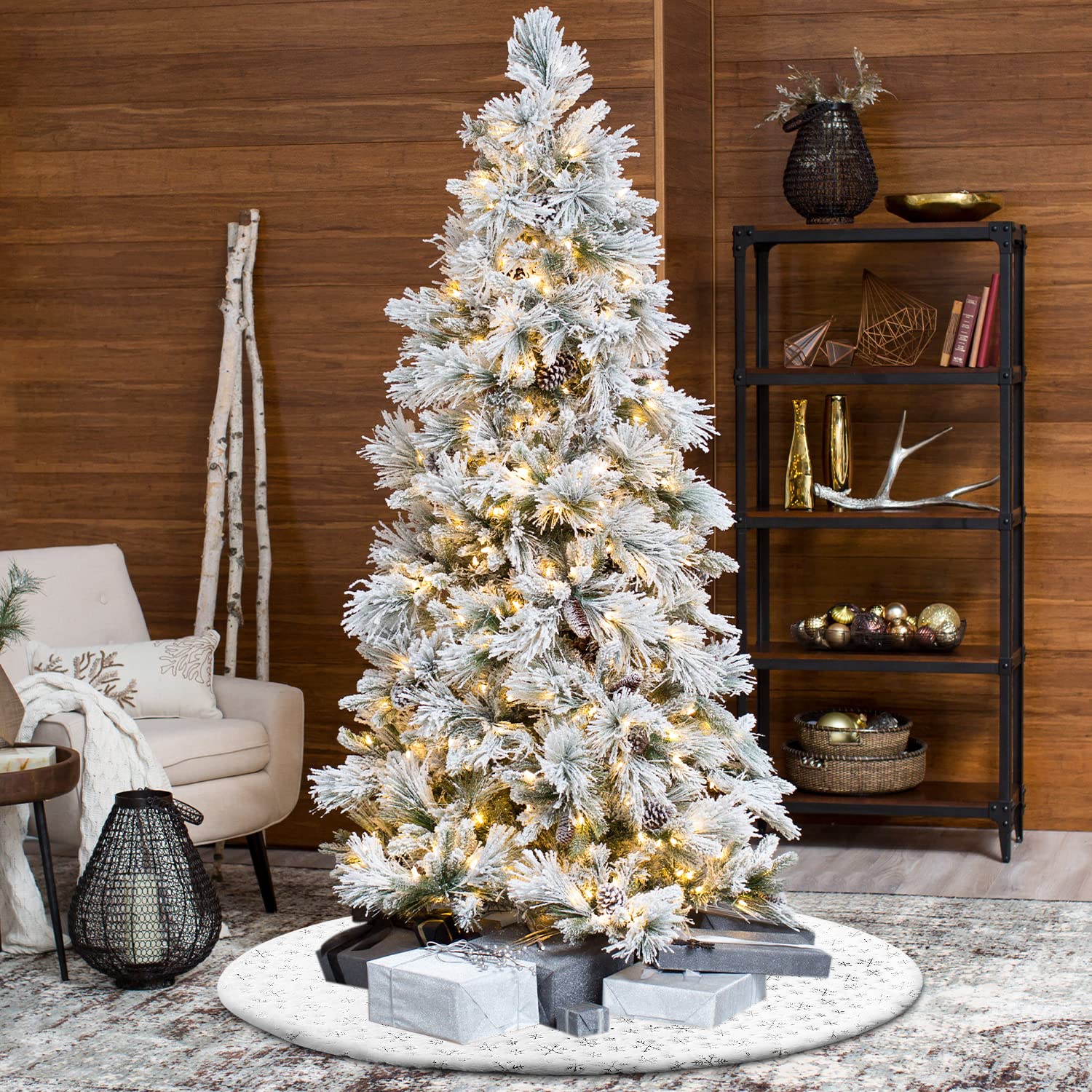 Jupe de Sapin de Noël 120cm, Tapis de Sapin de Noel, Grande Flocon de Neige Argent Cache Pied, Couvre-Pied d'arbre