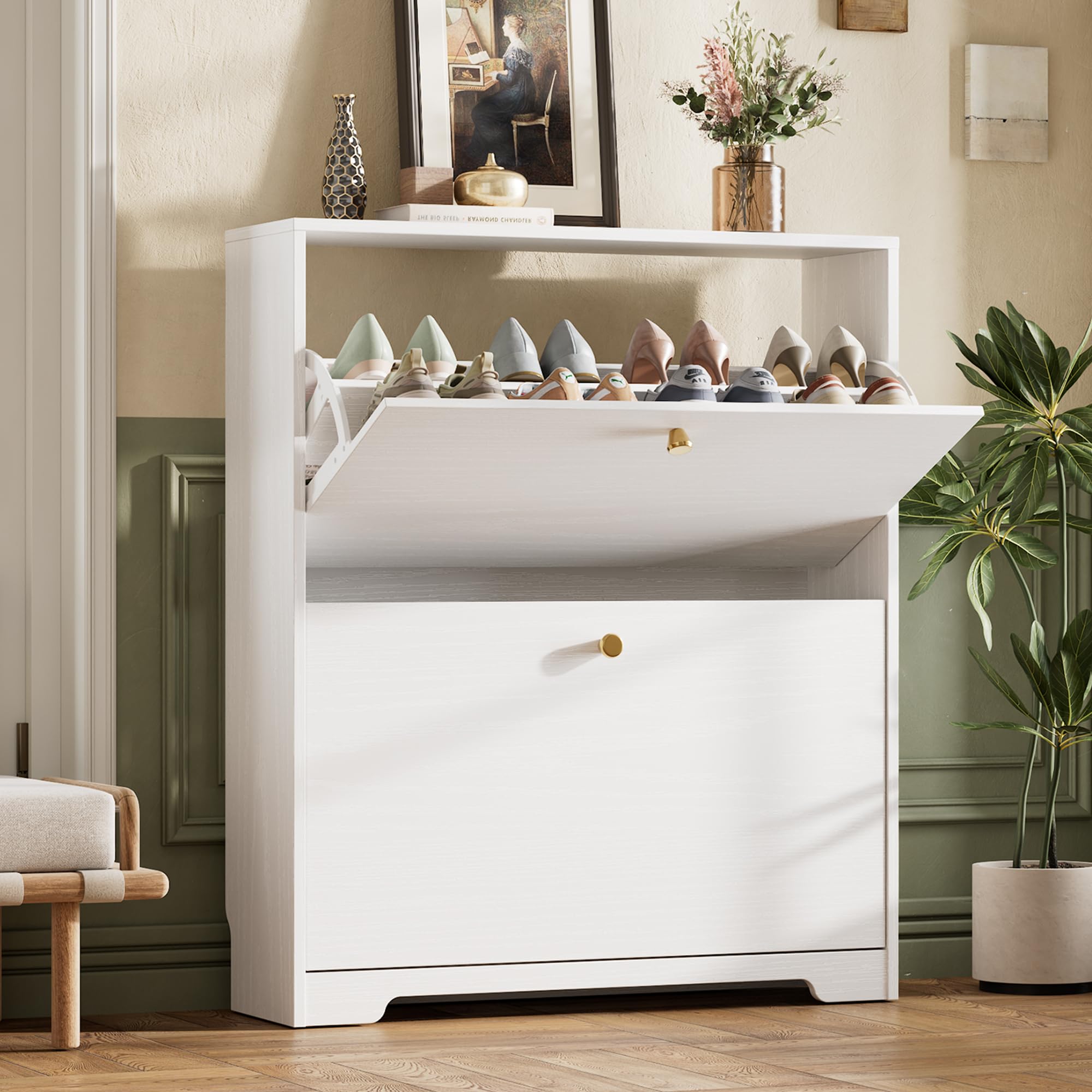 Nicetree Shoe Cabinet with 2 Flip Drawers, Narrow Shoe Organizer Cabinet, Freestanding Shoe Rack Cabinet, Modern Shoe Storage Cabinet for Entryway, Hallway, Foyer, White