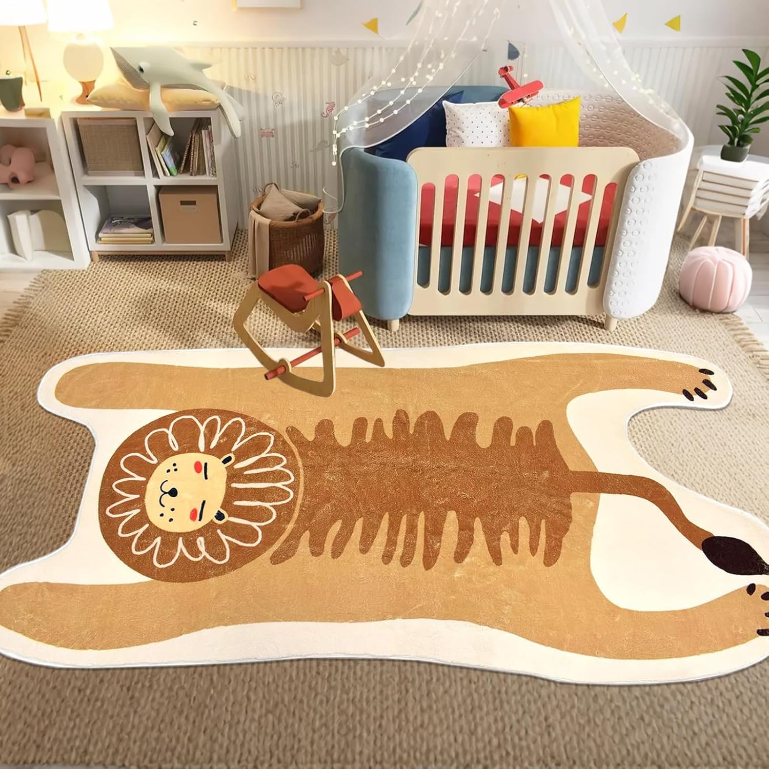 Lion Kids Rug 4x7Ft Soft Kids Play Mat for Boys Girls Bedroom, Lion Print, Jungle Animal Theme, Soft Washable Floor Mat for Playroom Nursery Classroom Living Room Decor, Brown