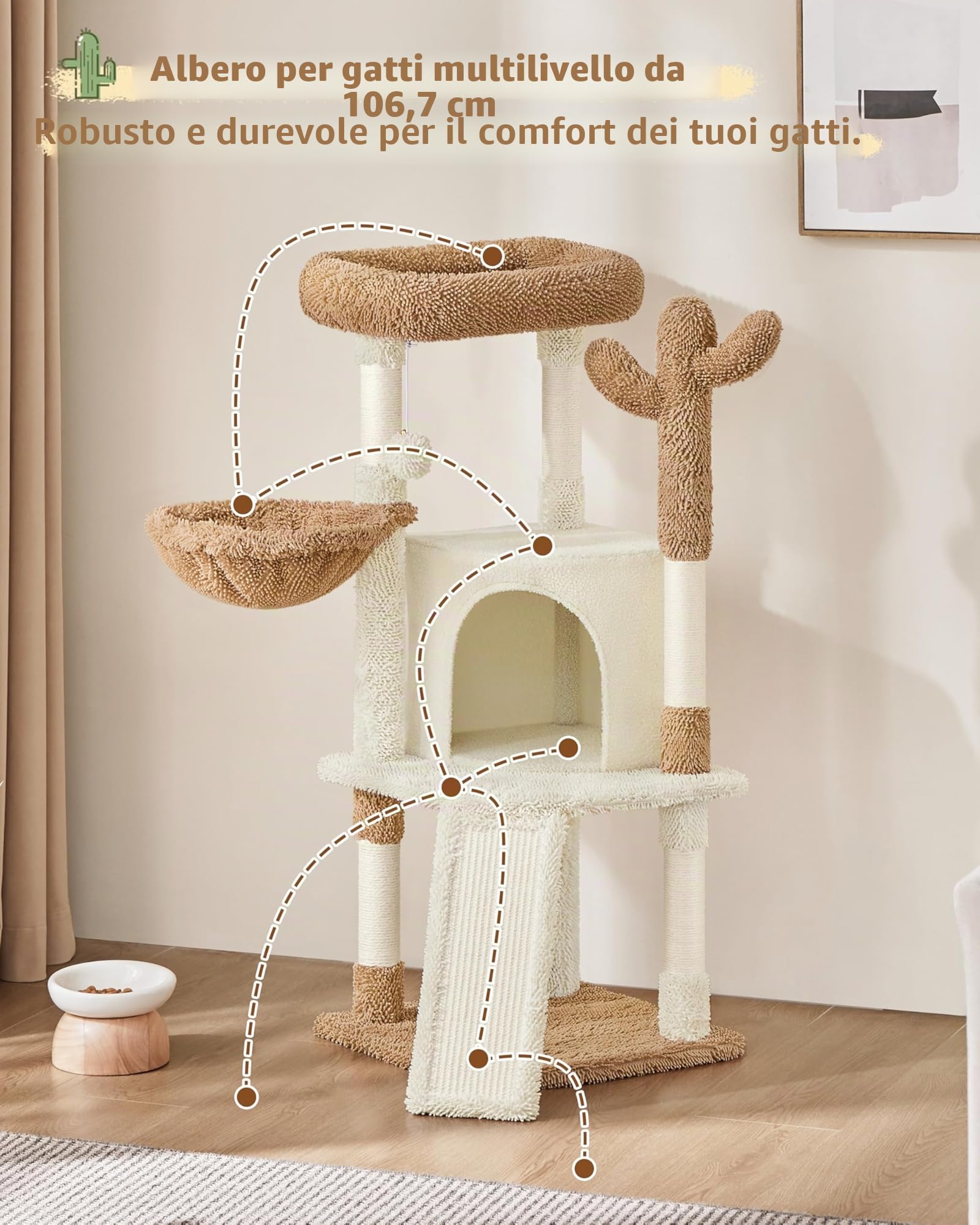 Yaheetech Albero Tiragraffi per Gatti a Forma di Cactus in Truciolato e Corda di Sisal 42,5 cm × 42,5 cm × 106,5 cm Beige/Marrone