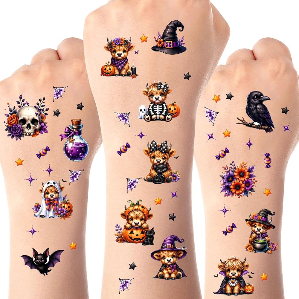 10 Sheets 120 PCS Highland Cow Halloween Temporary Tattoos Spooky Witch Mummy Pumpkin Bat Party Decoration Stickers for Halloween Party Favors Supplies Halloween Party Decor Set — 사진 1