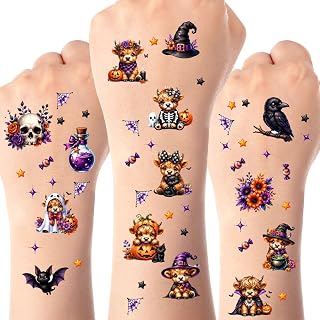 10 Sheets 120 PCS Highland Cow Halloween Temporary Tattoos Spooky Witch Mummy Pumpkin Bat Party Decoration Stickers for Halloween Party Favors Supplies Halloween Party Decor Set