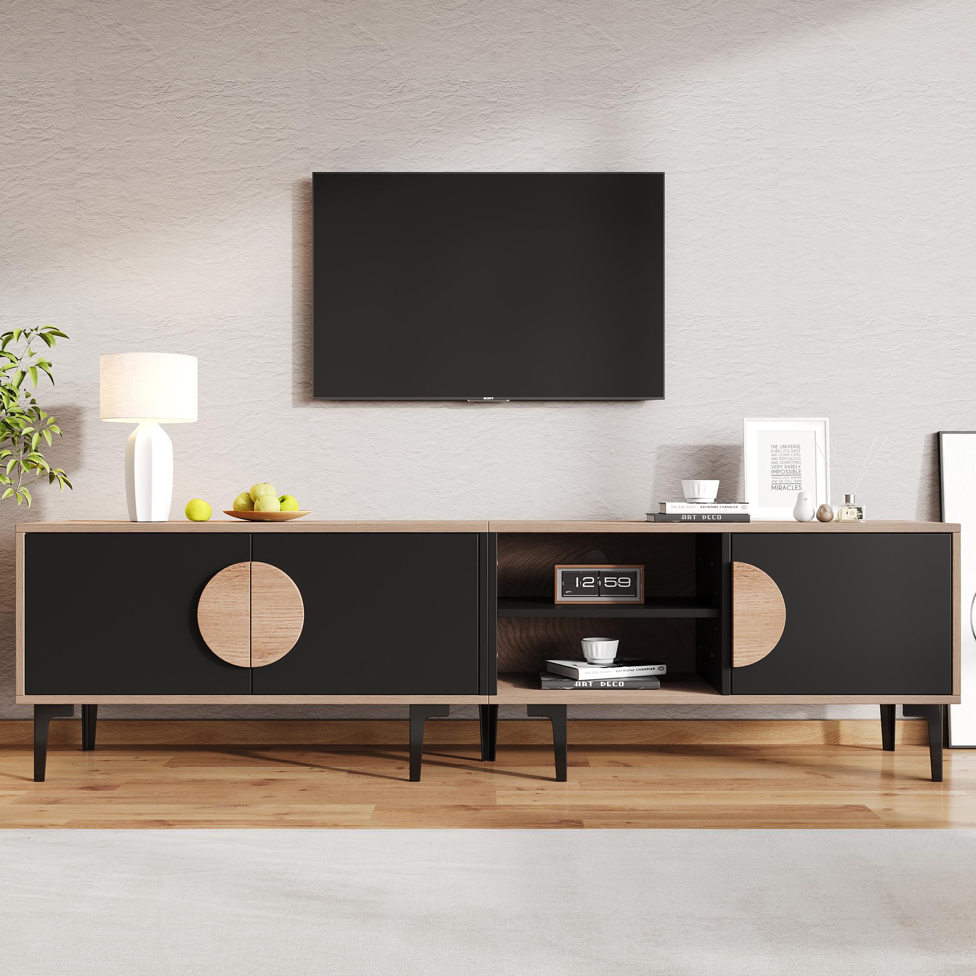 Mueble bajo para TV con 3 puertas y 7 patas, 180 cm, madera negra