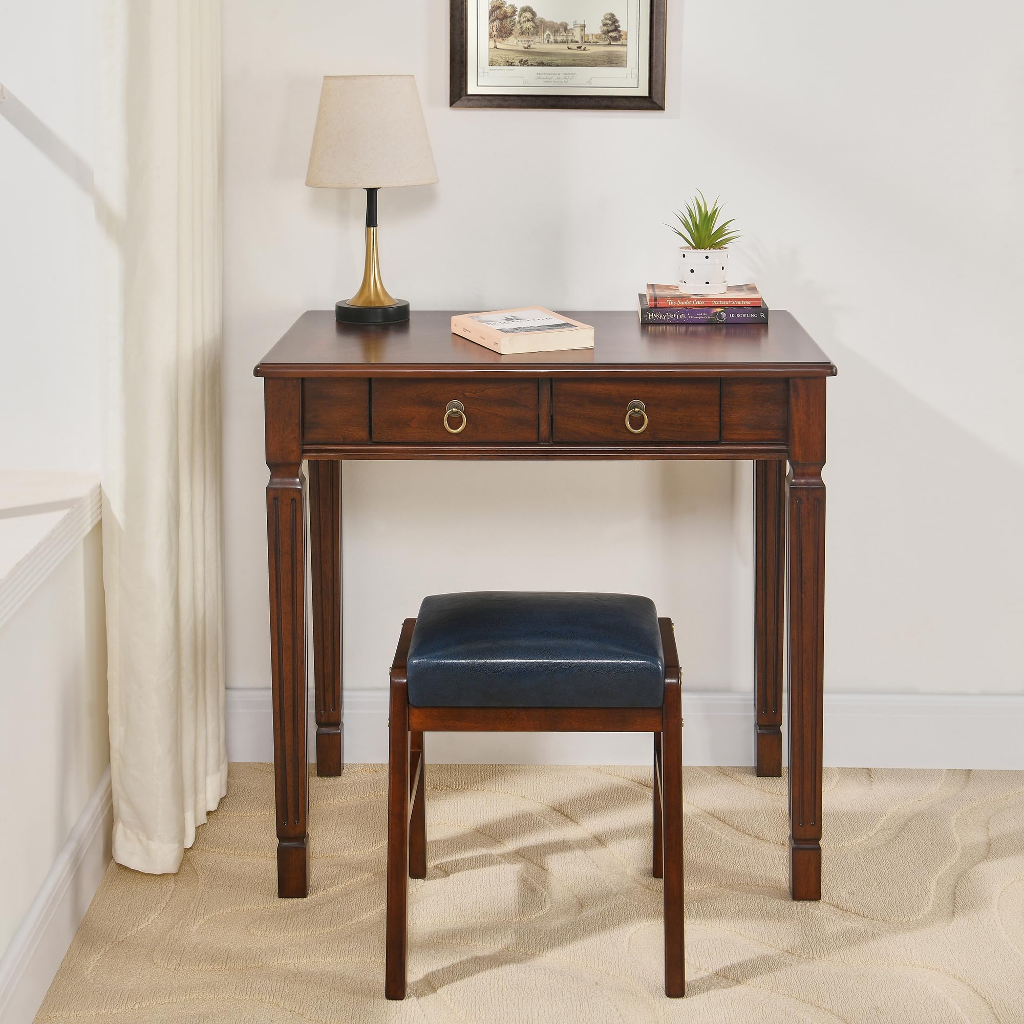 PADMA HOUSE Scrittoio in Legno Massiccio 80cm, Scrivania Vintage con 2 Cassetti, Tavolo da Studio Robusto per Computer e Ufficio, Mobile Salvaspazio Stile Classico