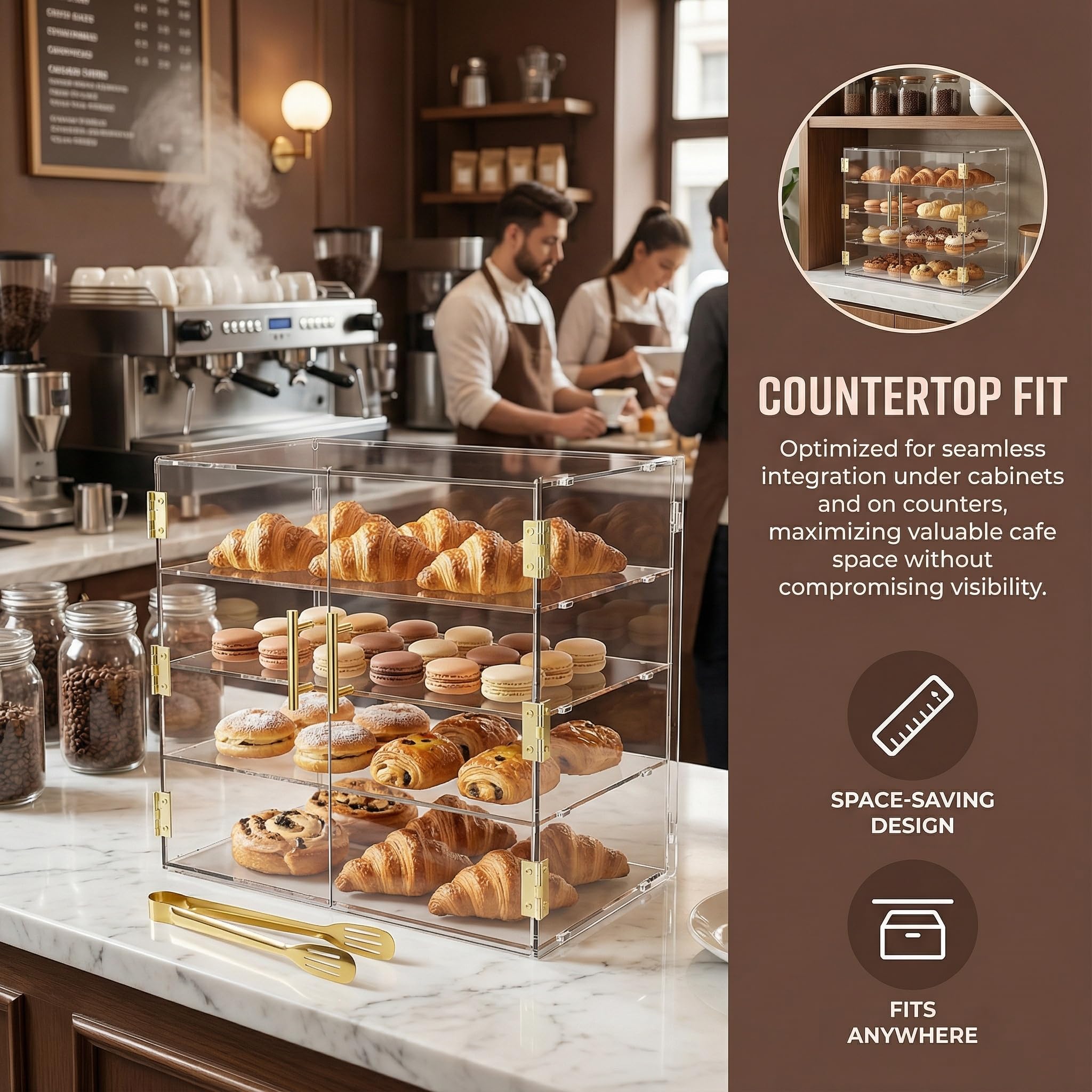 Vitrina de panadería de 4 niveles con puerta automática elástica, 19.5" x 19.69" x 10.3" caja de exhibición de acrílico transparente para repostería, vitrina de mostrador, gabinete de