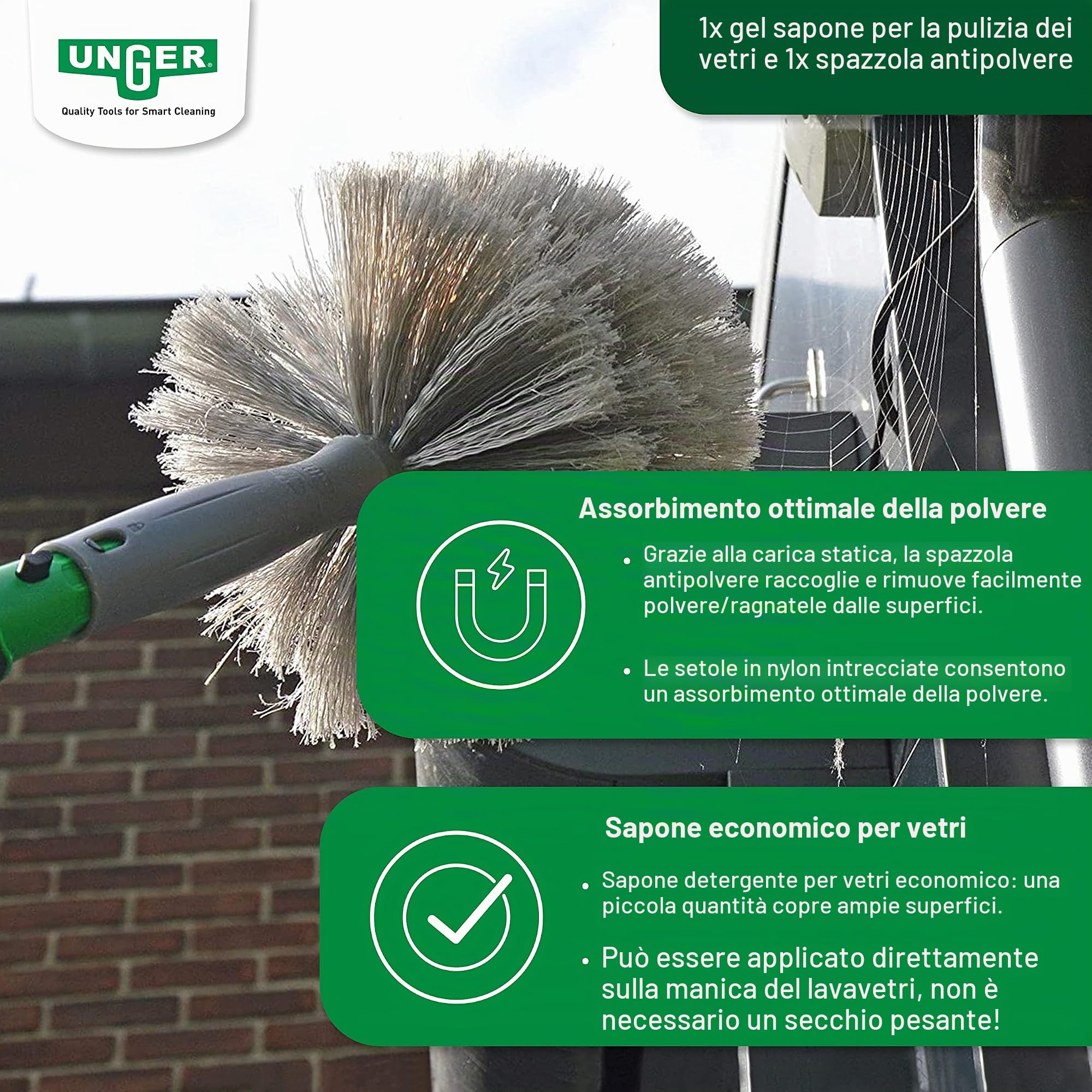 UNGER AK130 - Set di pulizia per giardino d'inverno (con detergente, lavavetri, asta di prolunga, panni in microfibra, pulizia senza aloni)
