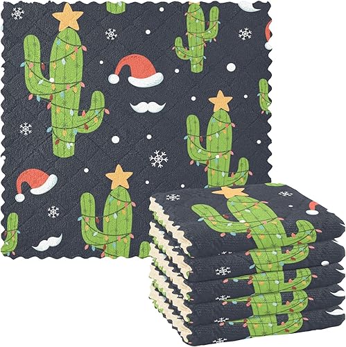 Miniatura 1 de KLL Cactus Christmas Pattern Holiday Dish Clothes for Washing Dishes Classic Tea Towels Kitchen Blue Kitchen Tie Hand Towels Terry Dish Cloth