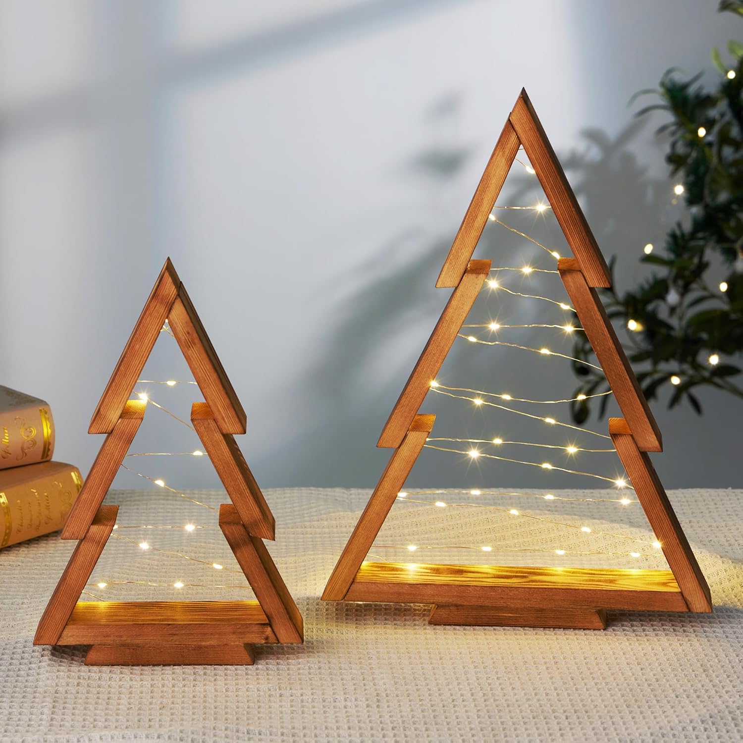 Christmas Decorations, Wooden Christmas Tree, Tabletop Christmas Tree with Lights, Small Lighted Christmas Trees Decor for Table Top Mantle Shelf, 2 Pack (Large 14.2" H & Small 10.2" H)