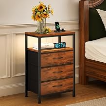 Sweetcrispy Nightstand with Charging Station 5 Fabric Drawers Bedside Table