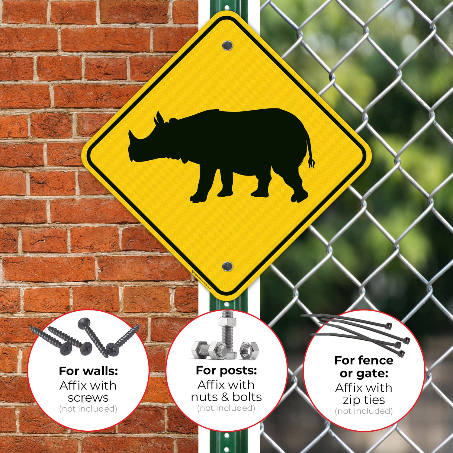 Rhino Crossing with Graphic Sign, 18x18 Inches, 3M AEGP Reflective.063 Aluminum, Fade Resistant, Made in USA
