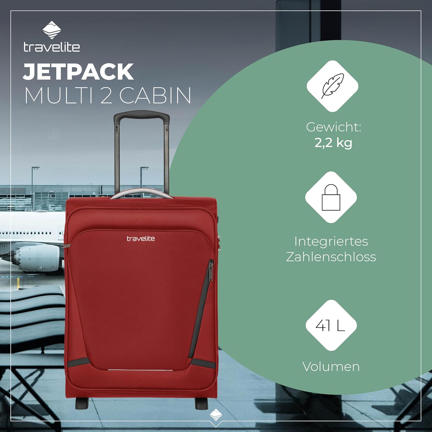Travelite Hand Luggage Suitcase with 4 Wheels, red, 55 x 40 x 20 cm / 2,2 kg (2-Rad), On-board trolley with 2 wheels
