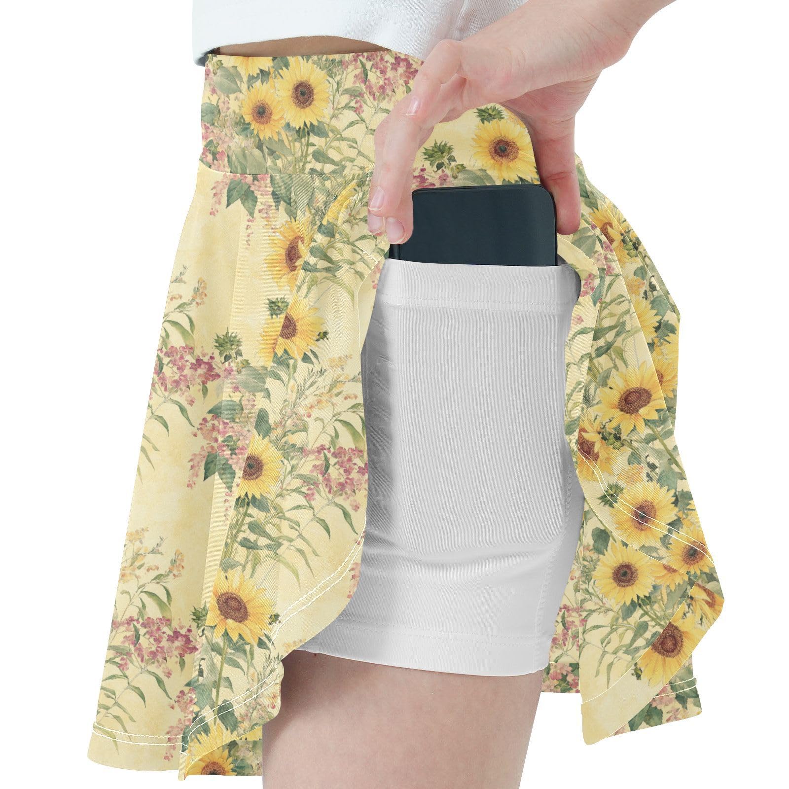 Sunflower in Vintage Flowy Tennis Skirts Girls with Built in Shorts Cheerleading Skirts with Pockets Little Girls Golf Skirt