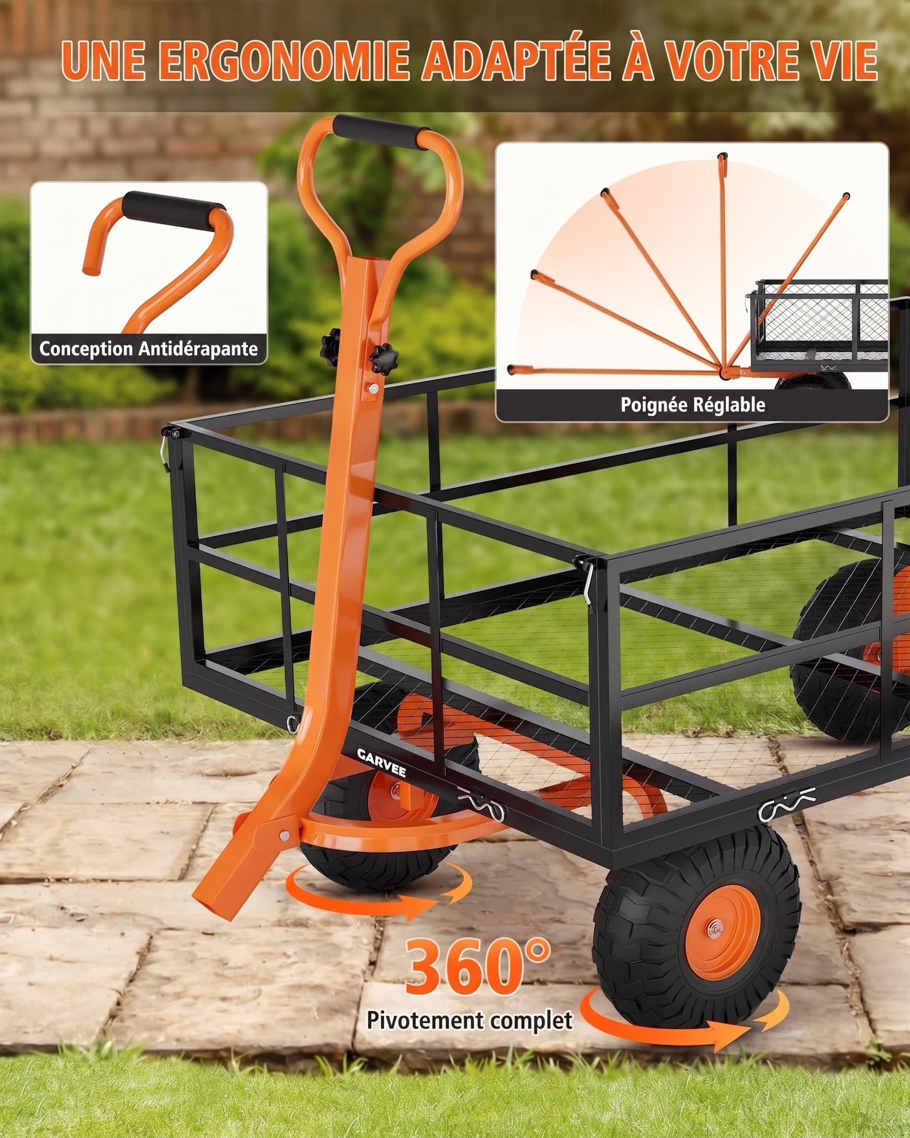 Chariot de Jardin Transport, 408kg Capacité, 96 * 51cm, Côtés Amovibles | Poignée Rotative 180°