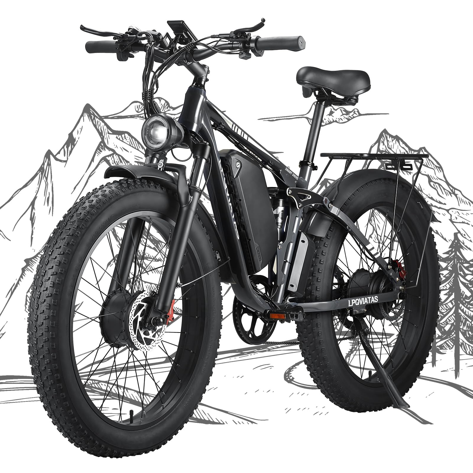 Peak 3000W/5000W Fat Tire Dual Motor Ebike 52V 23Ah/34Ah Battery,26"x4"/24”x4” Electric Mountain Bicycle for Adults Men 38MPH/46MPH Full Lockable Suspension Ebike 90 Miles/105 Mile Range（US Warehouse)