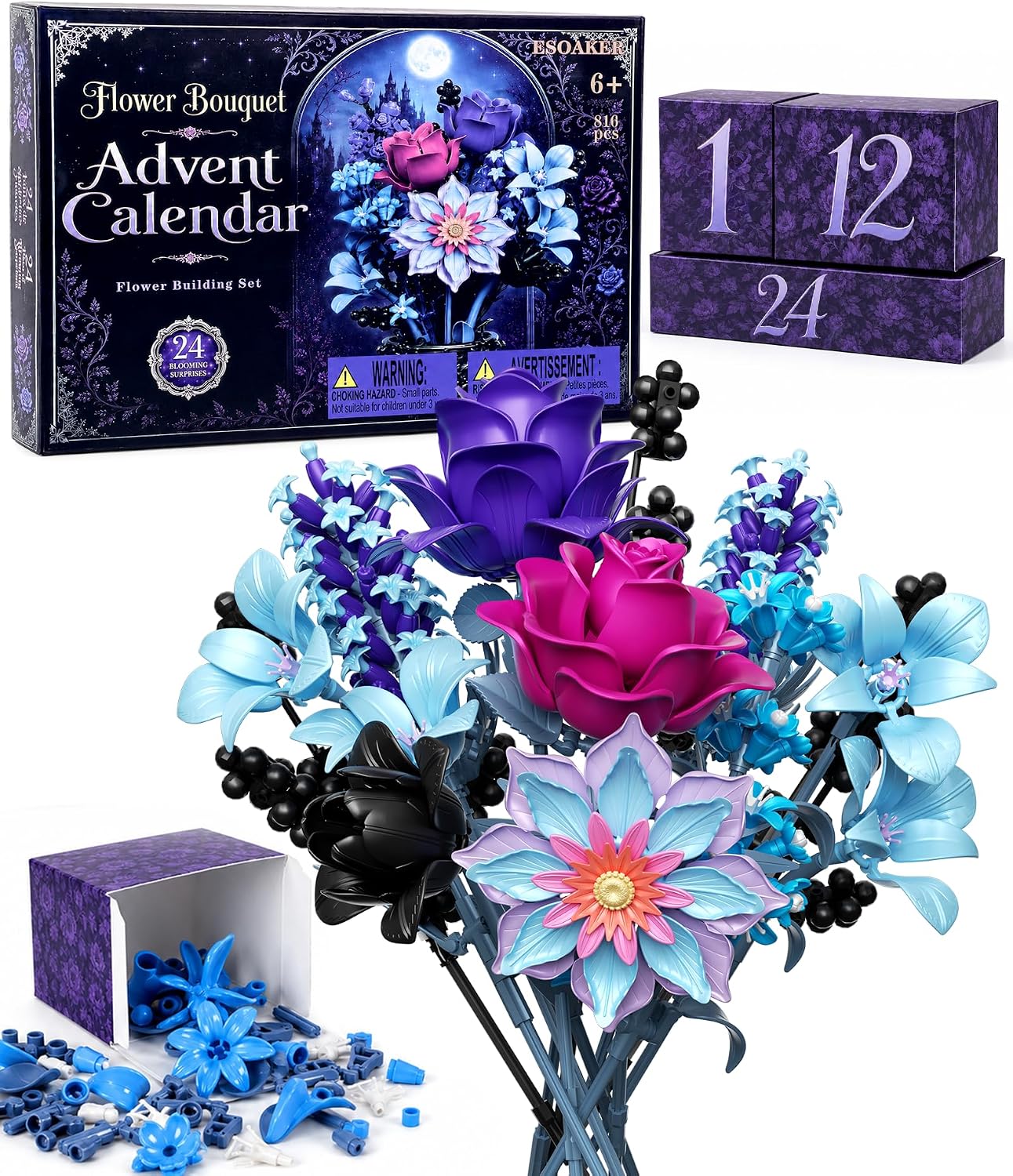 FLower Bouquet Advent Calendar 2026, Botanical Building Set for Women Adults, Purple Roses Gothic Room Decor Collection, Perfect Christmas Birthday Gifts for Girls Mom Wife Girlfriend(810PCS)