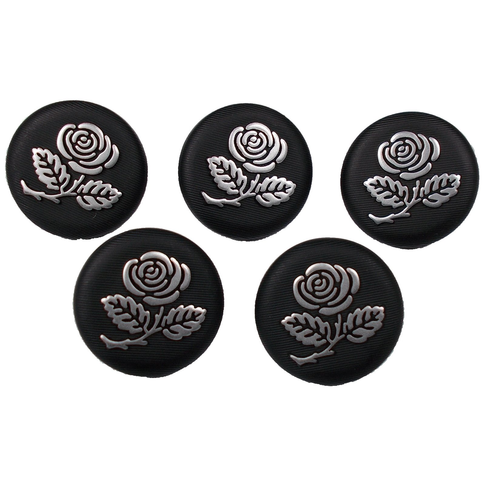 Push The Button Black Inlaid Rose Flower Buttons Silver (5, 20Mm)