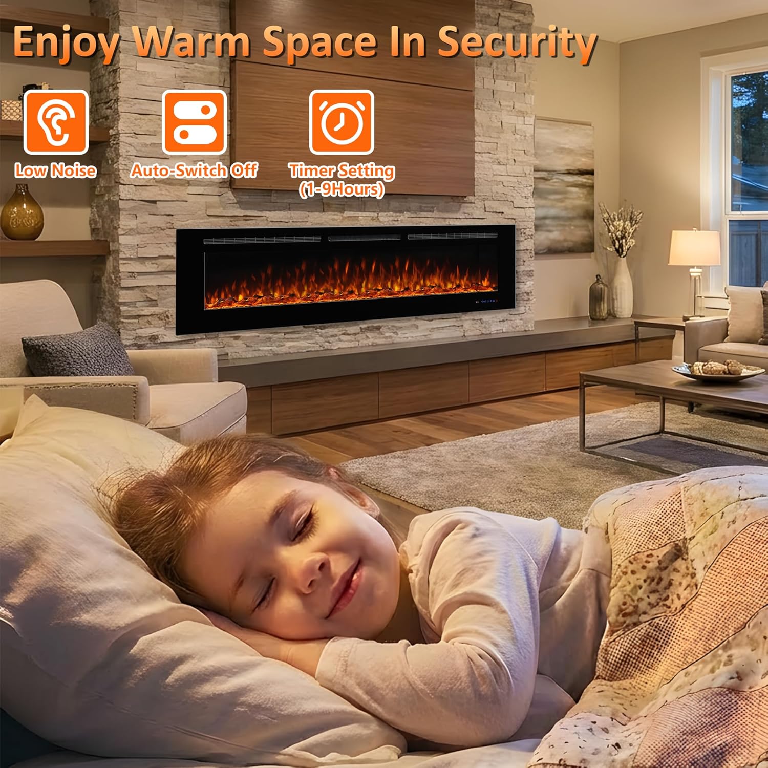 Electric Fireplace 36inches, Wall-Mounted & Recessed Fireplace Inserts, Multicolor Flame w/5 Dimmer, Remote Control Thermostat, Timer, Overheating Protection, Hardwire Connect, 1500W,Black