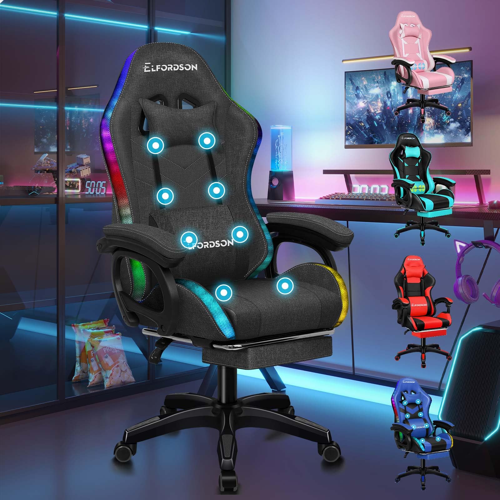 ELFORDSON LED Gaming Chair with 8-Point Massage, Swivel Office Chairs with Head Pillow Lumbar Support, Ergonomic Desk Chair with Armrests Footrest, Fabric Linen, Dark Grey