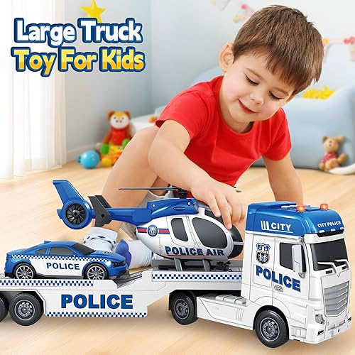 Miniatura 6 de SpringFlower Juguetes para niños pequeños, juguete grande de camión de policía de 25 pulgadas con coche de carreras y helicóptero, juguete de coche