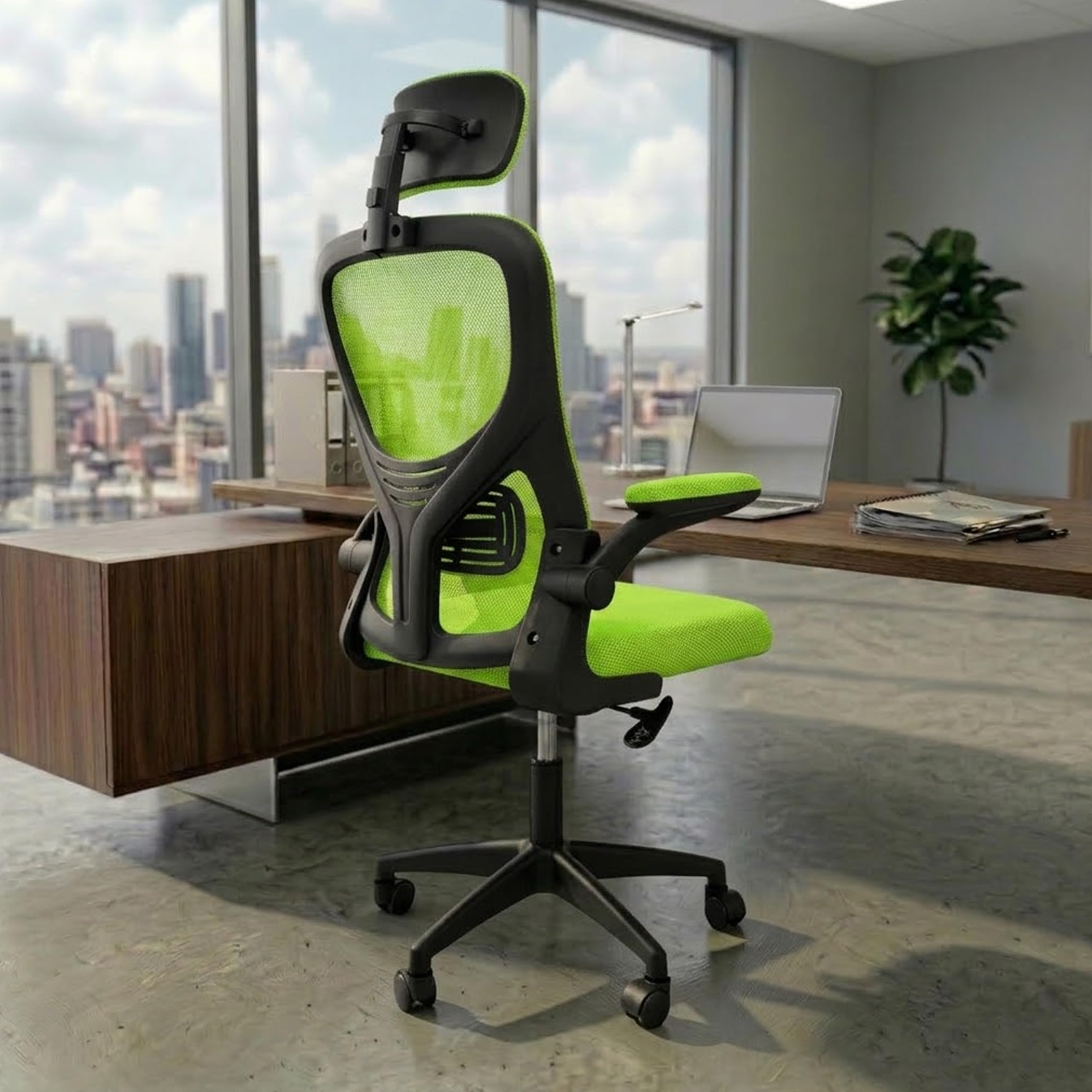NORMAN JR Green | High Back Imported Mesh Fabric Boss Office Chair | Y Design Ergonomic Back Support | 2D Aero Design Adjustable Armrests | Synchro Tilt Lock Mechanism Support