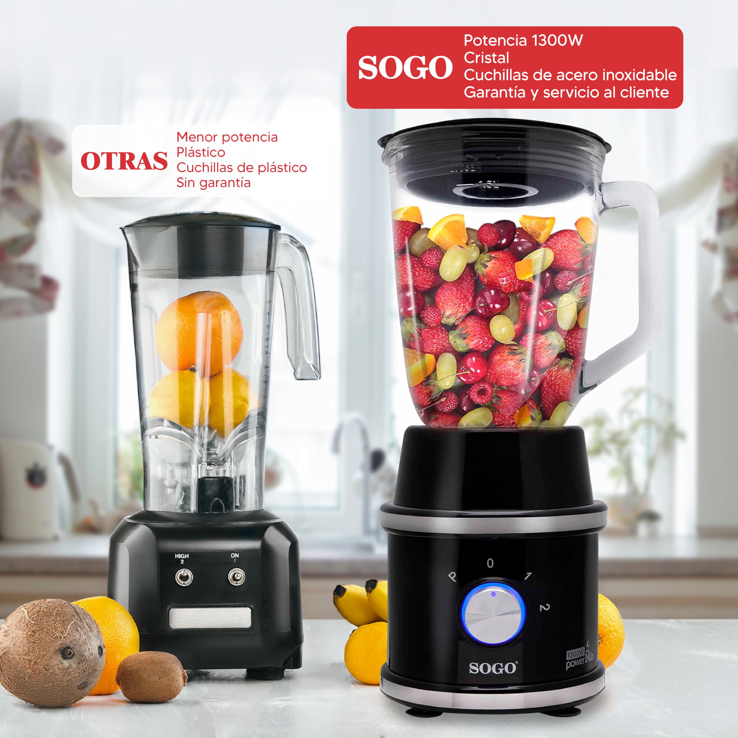 Sogo Blender stołowy, blender do soków, smoothies - maszyna do smoothies maker, rozdrabniacz do żywności ze szklanymi dzbankami 1,5 i 0,3 litra, 2 ostrza, 1300 W, czarny (SS-5545)