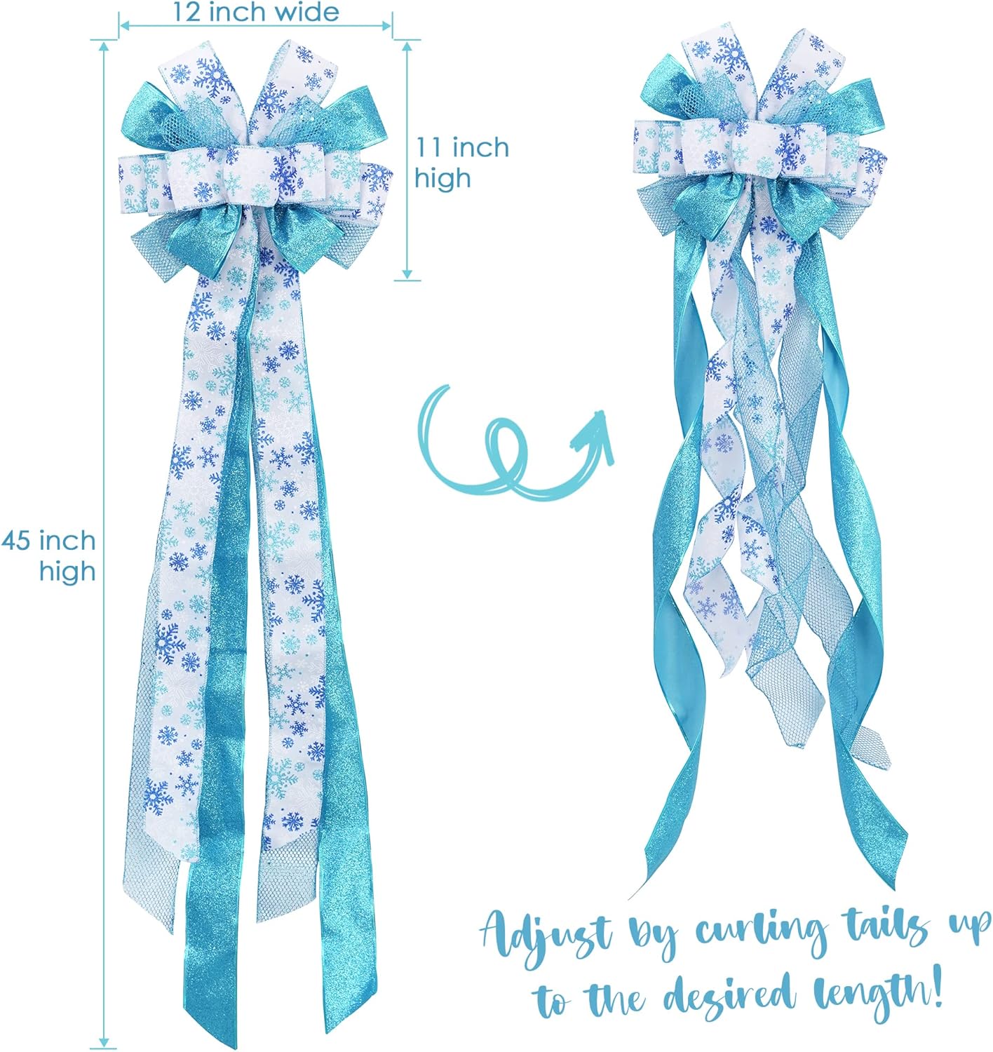 MEEDEE Blue Christmas Tree Topper 12" Wide Glitter Christmas Bows Snowflake Ribbon Bow Blue Tree Topper Bows for Christmas Tree Decorations (1 Pack) - Image 3