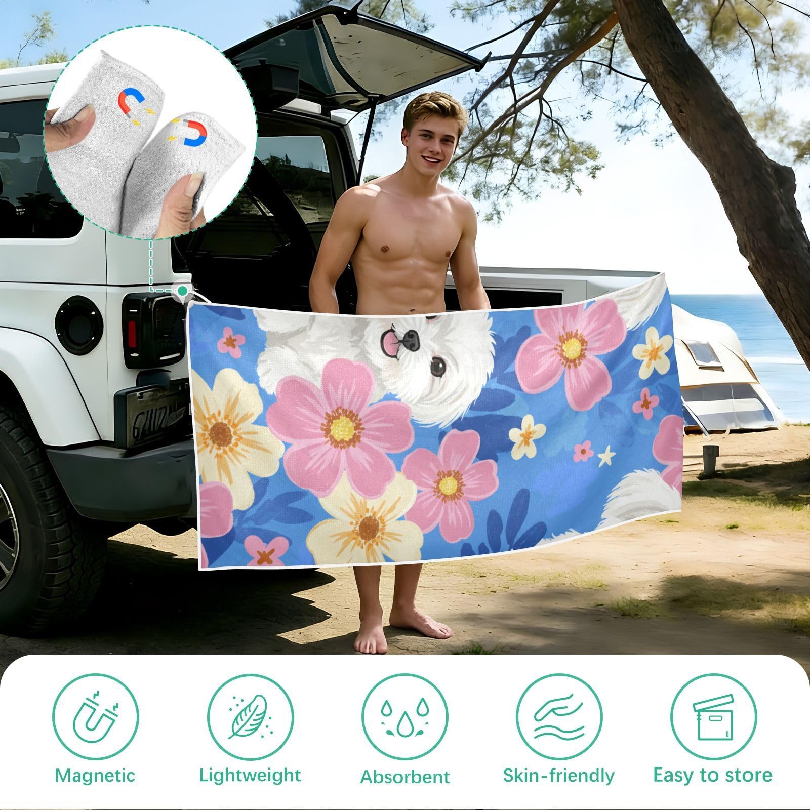 Toallas de playa grandes con bolsas de malla para adultos, toalla de baño de perros malteses blancos felices con cierre magnético, toalla absorbente de secado rápido para piscina, camping y