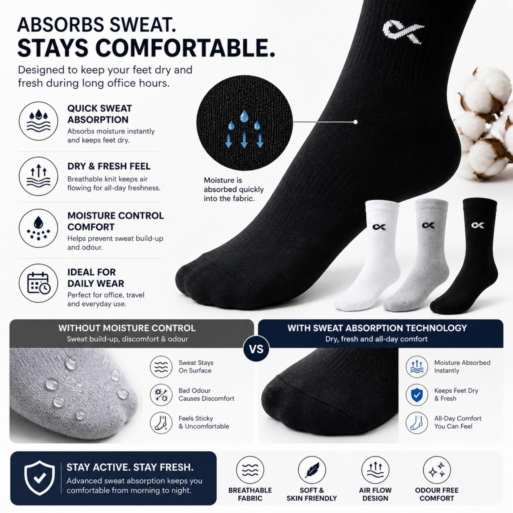 XJARVIS® TEXAS Men’s Formal Crew Socks for Office, Business, School, Uniform & Work Use | Cotton Rich, Odour-Free, Breathable Calf-Length Socks for Men |Pack of 3 (Black) 3
