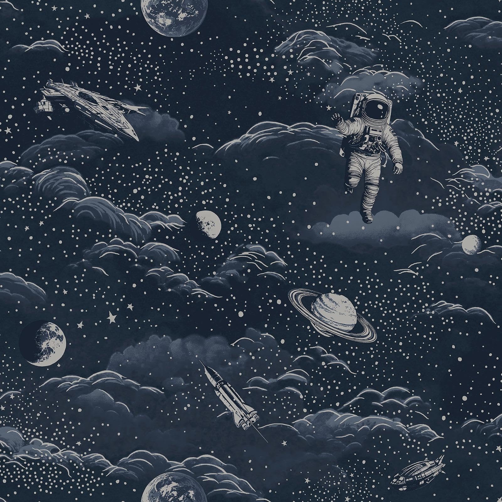 Lost in Space Fun and Charming, Astronauts, Spaceships, Stars and Planets Themed Stunning Kids, Nursery Room, Bedroom, Playroom Wallpaper Midnight Blue/Silver Holden 14051