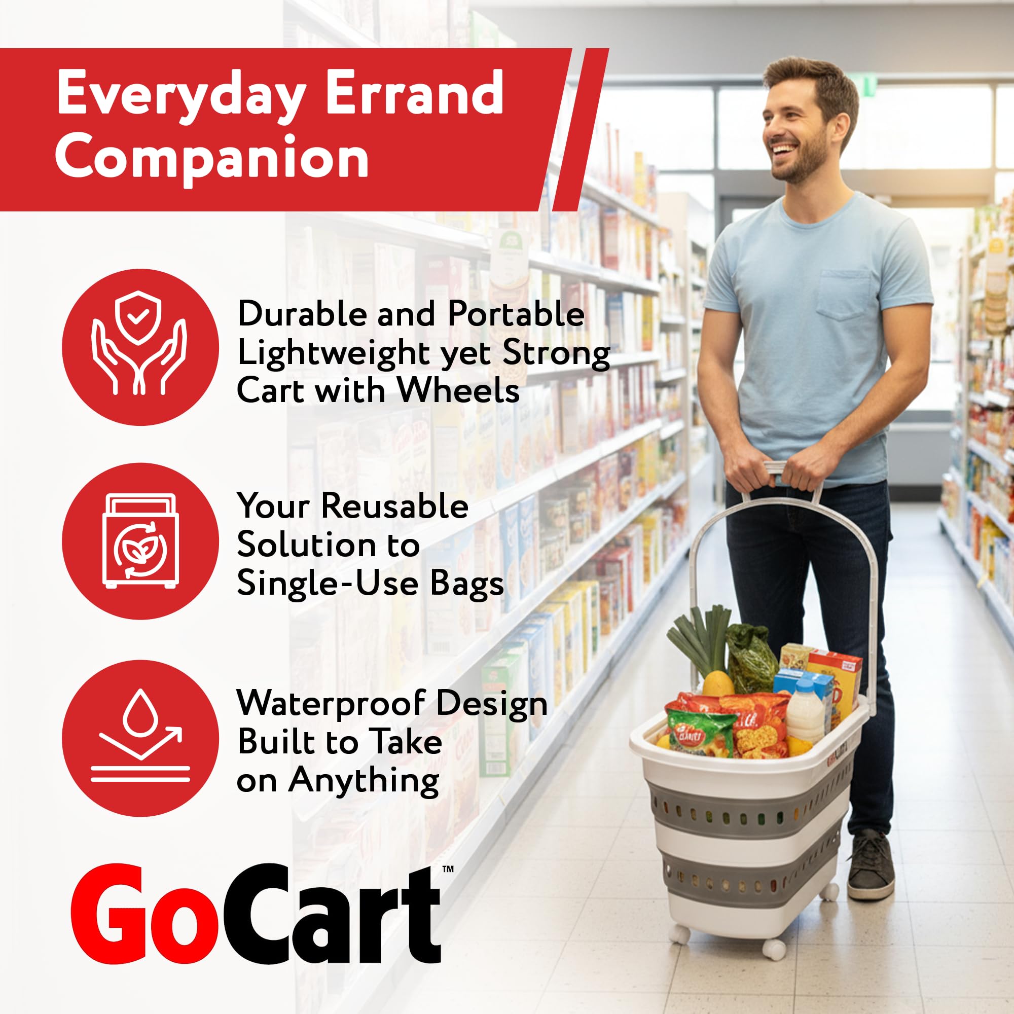 dbest Products Cesta Plegable para la Colada Gocart con Ruedas, Carrito de Compras, Plegable, Cesta de plástico, Asas para Ropa Sucia