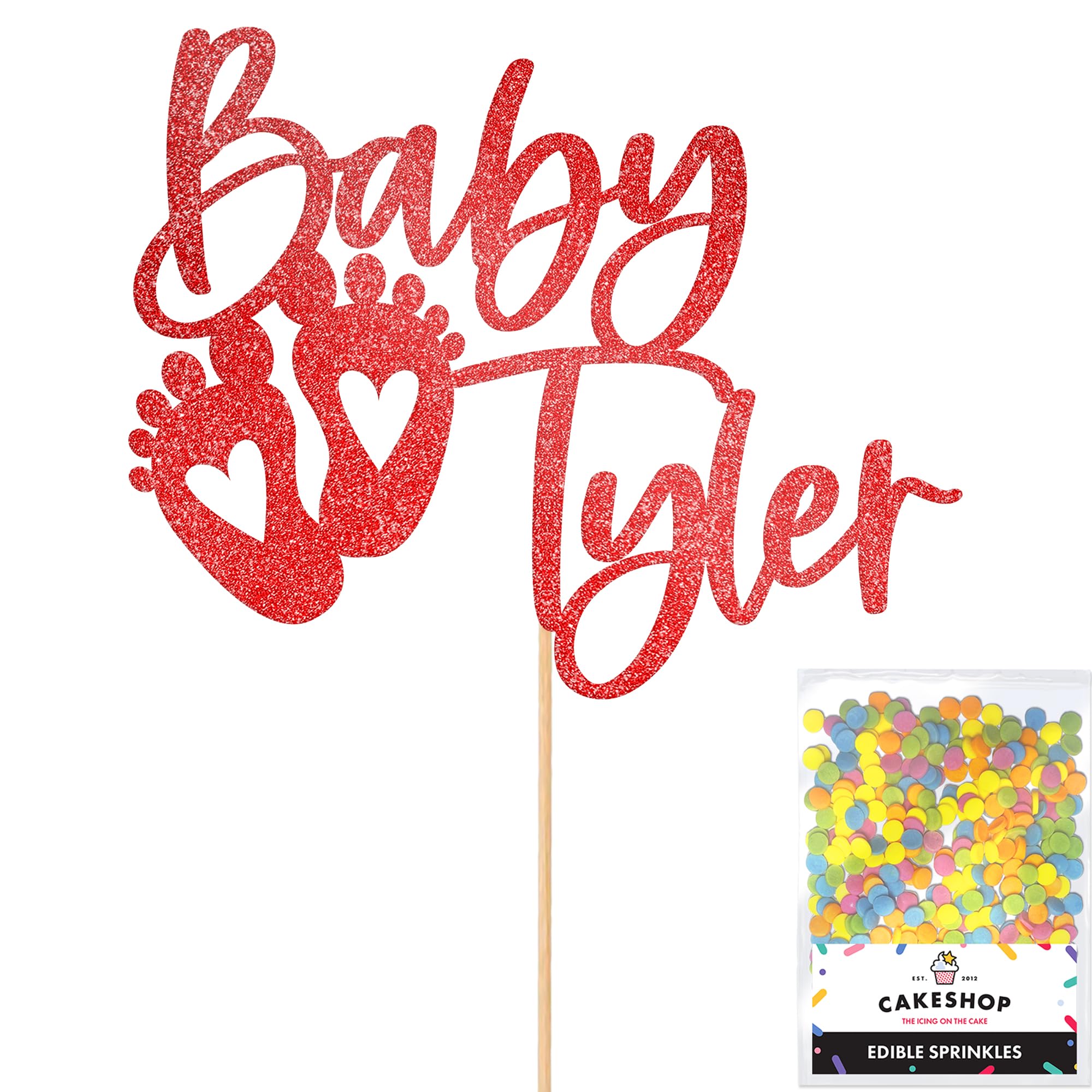 Cakeshop Personalised Baby Glitter Cake Topper With Sprinkles - Red Custom Colour - Any Name - Double-Sided Glitter Card Cake Decoration - Custom Toppers for Cakes