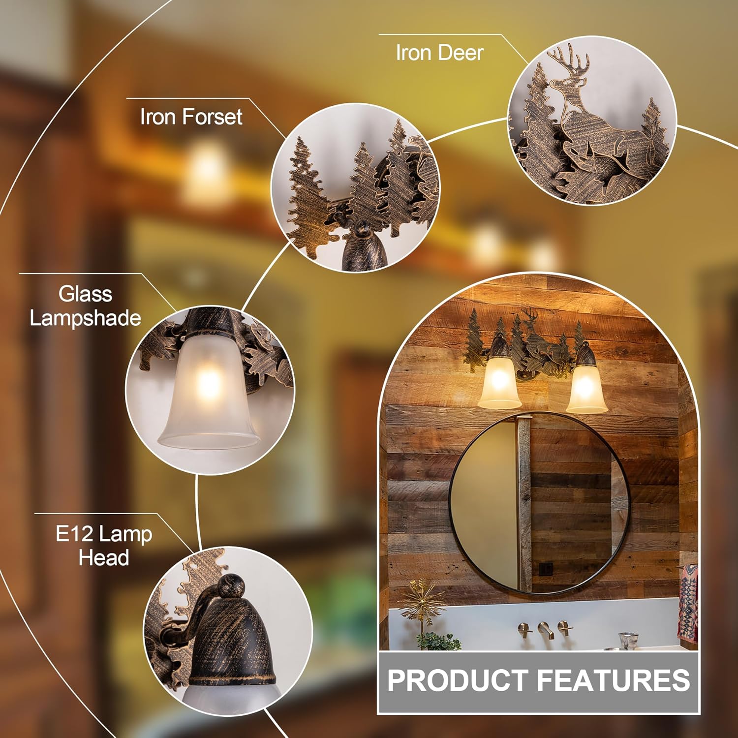 TOCHIC Rustic Vanity Light Over Mirror, 2 Lights Farmhouse Vanity Lights Bathroom Light Fixtures 16" L Western Moose Sconces Bath Vanity Wall Lighting for Mirror Cabinets, Powder Room, Living Room