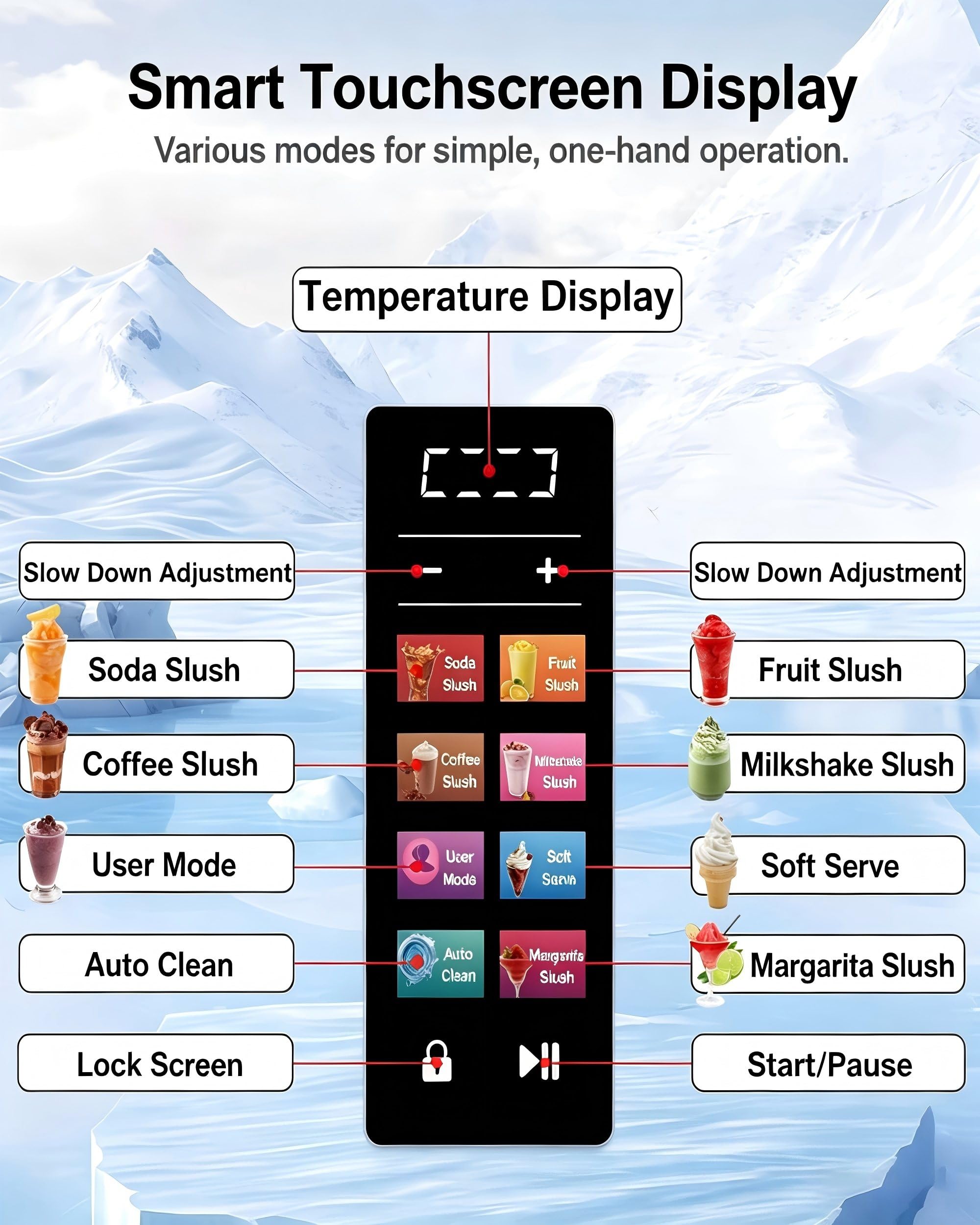 Máquina de Slush y Soft Serve de Doble Tanque – 2x2L, Pantalla Táctil Inteligente,7 Ajustes Preestablecidos, Mezclado 360°,Dureza Ajustable (Cremoso A Crujiente), Limpieza Automática con un Botón