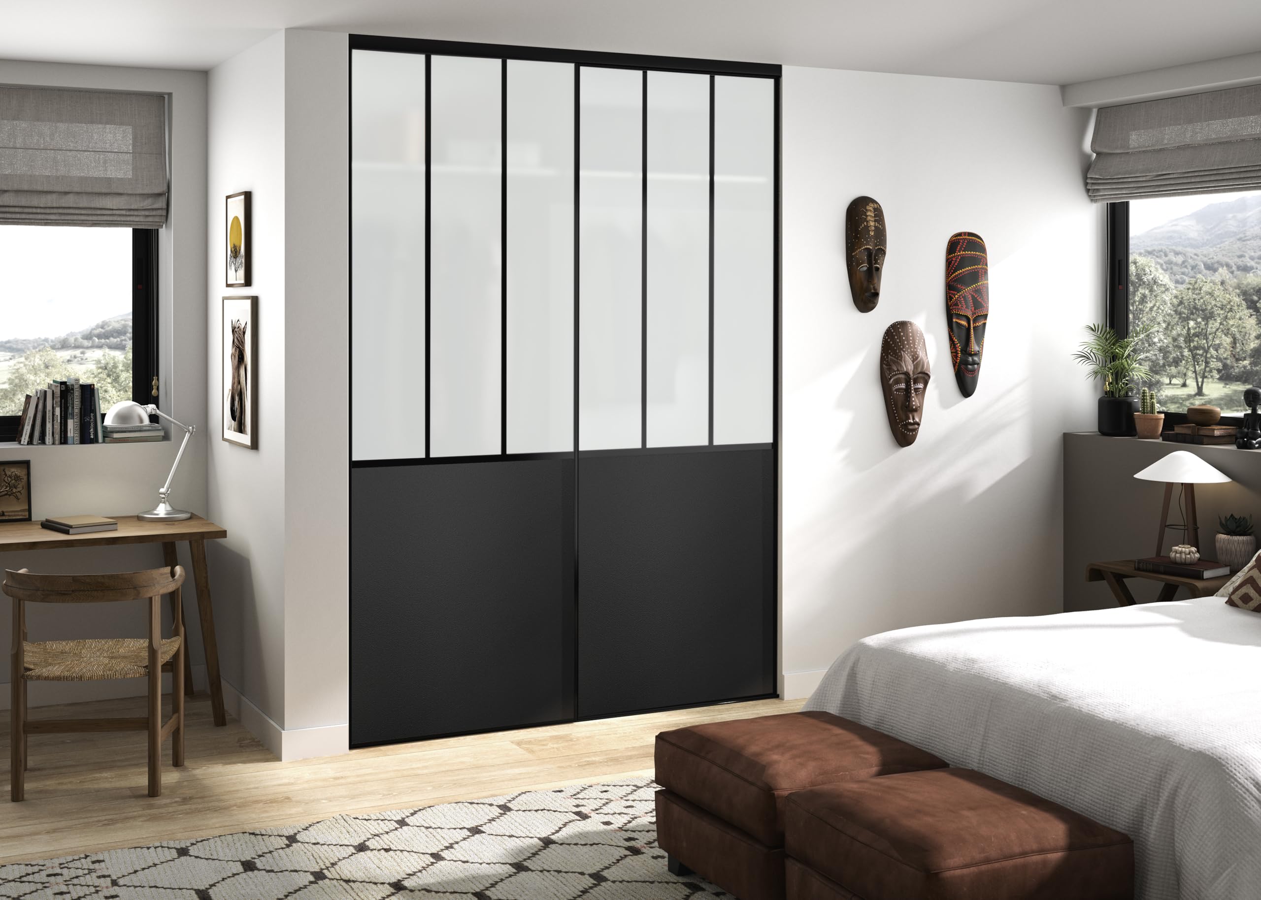 OPTIMUM Pack 2 Vantaux Porte Placard Atelier Noir Verre dépoli – Style Industriel – Portes Coulissantes Intérieures Modernes – Plusieurs Dimensions (Noir, 180x250 cm)