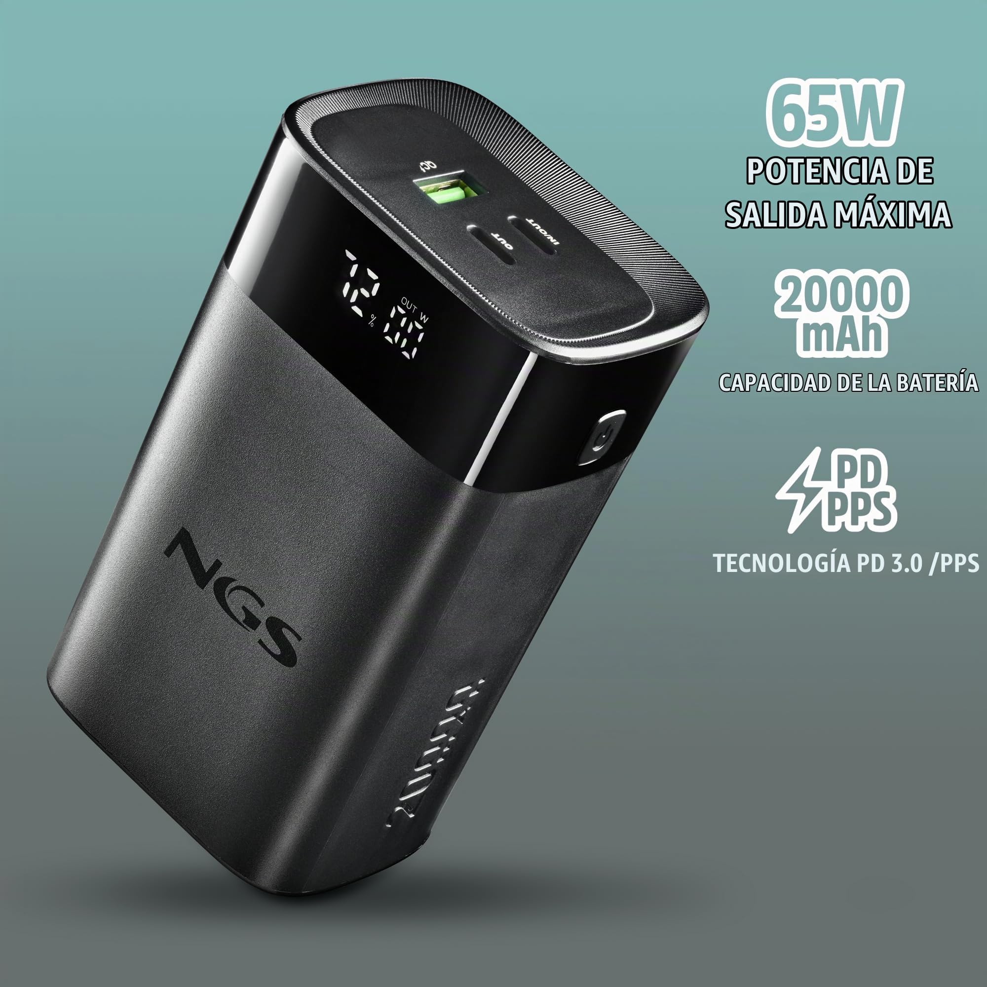 NGS Twix 20 - Batería Portátil 20000mAh, 65W Carga Rápida, USB-C 20W y USB-A QC 22,5W, Pantalla LED Precisa, Compacta y Ligera, Compatible con iPhone, Samsung, Xiaomi, Huawei, Laptop