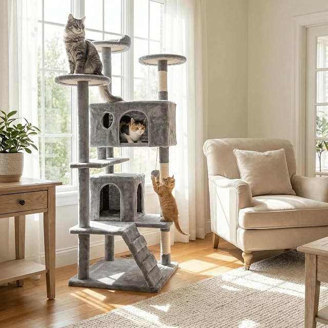 Foto 3 de 8 de Árbol Rascador para Gatos BIMBI de 138 cm CASA basics, Torre Multi-Nivel con Cuevas, Plataformas, Hamaca…