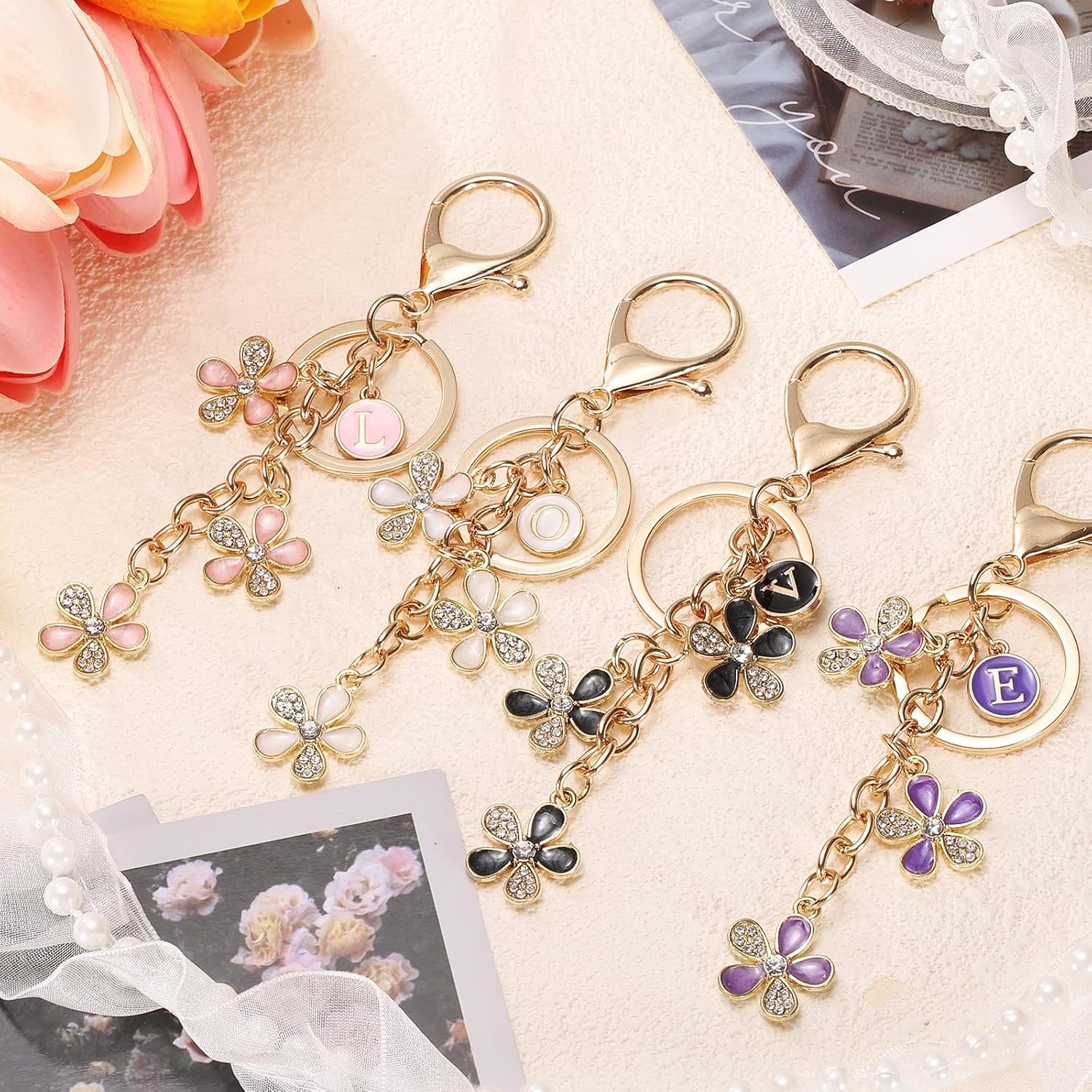 PATIKIL Initial Letter Flower Keychain, Cute Cherry Blossom Rhinestone Keyring for Women Girls Purse Backpack - Image 4