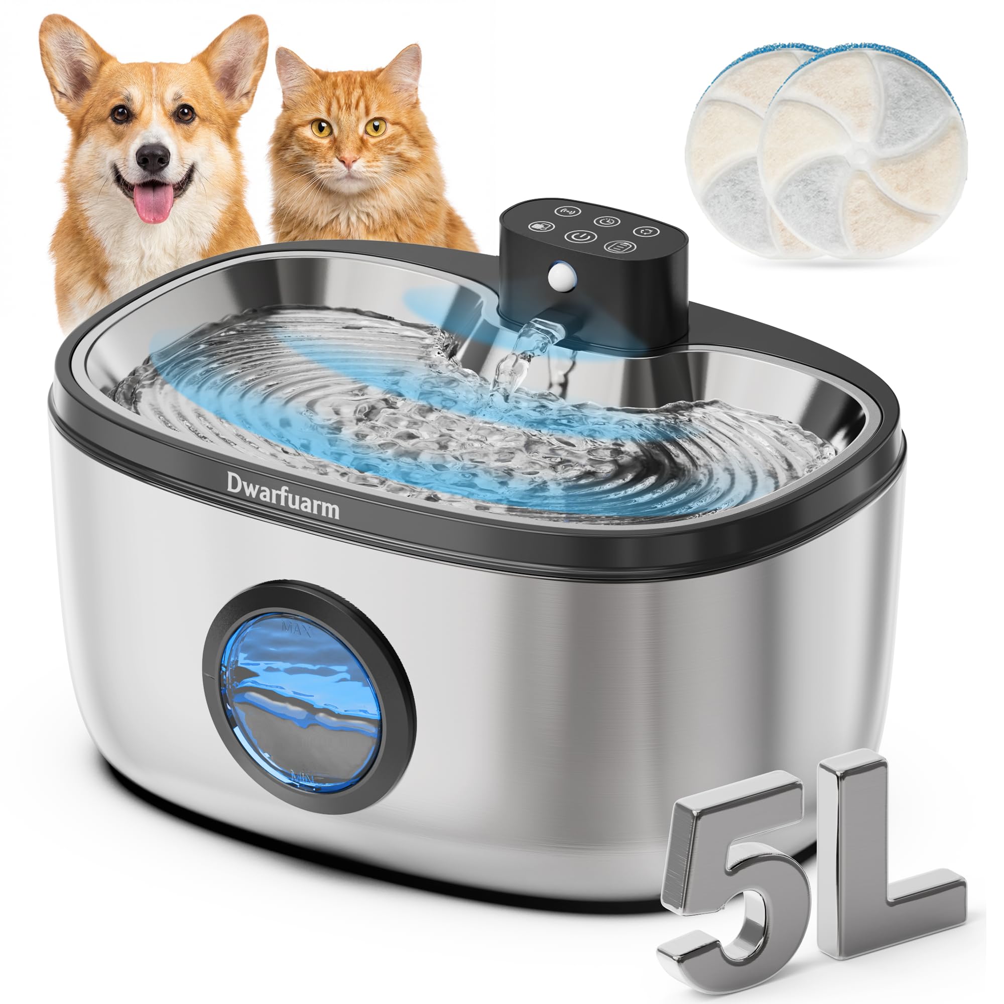 Cat Water Fountain for Drinking, 5L Stainless Steel Cat Fountain, Pet Drinking Fountain,Dog Water Fountain with 2 Pack Filters,Ultra Silent Pet Water Fountain